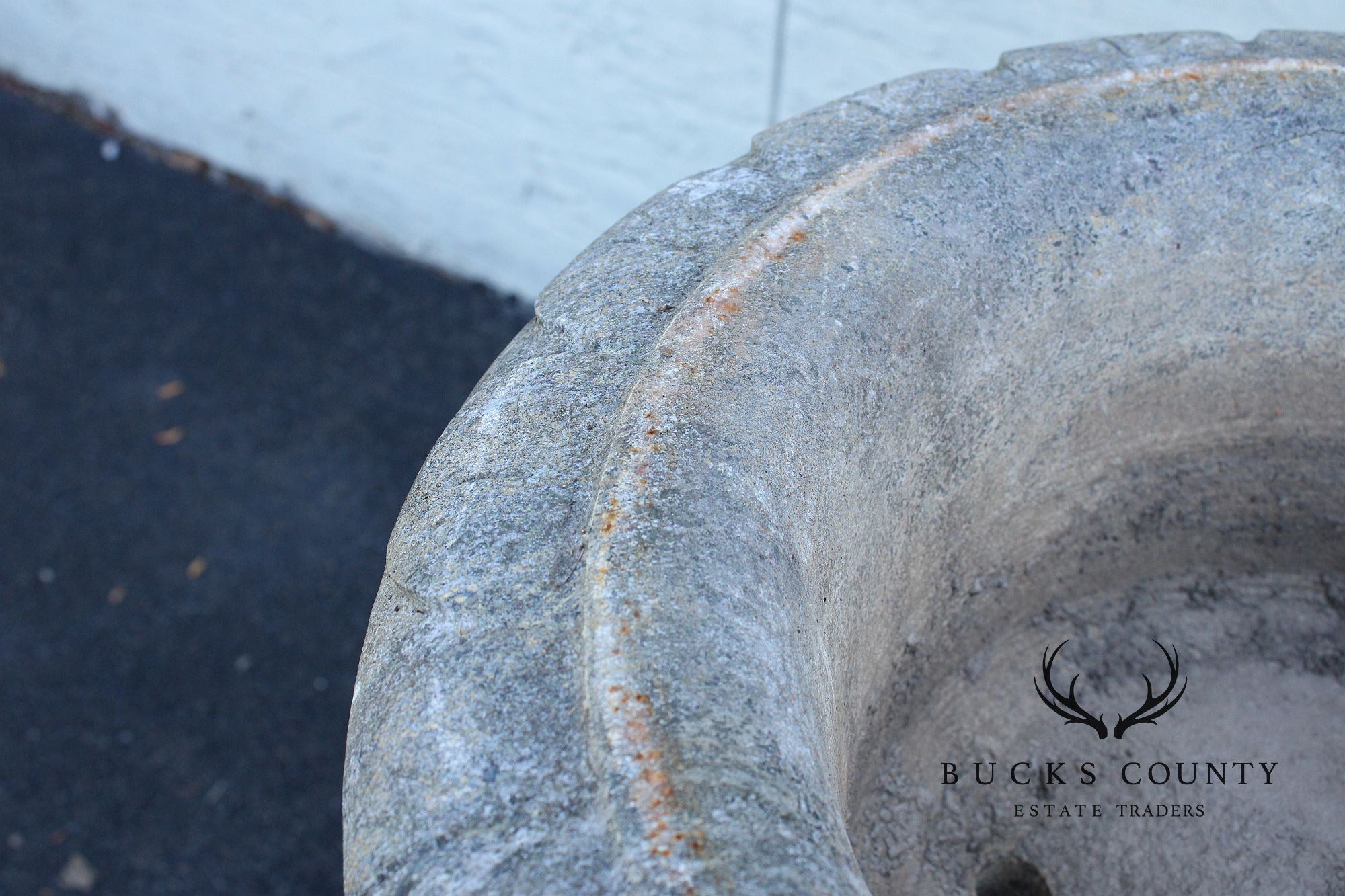 Vintage Pair Of Carved Granite Three Piece Garden Urns On Pedestals