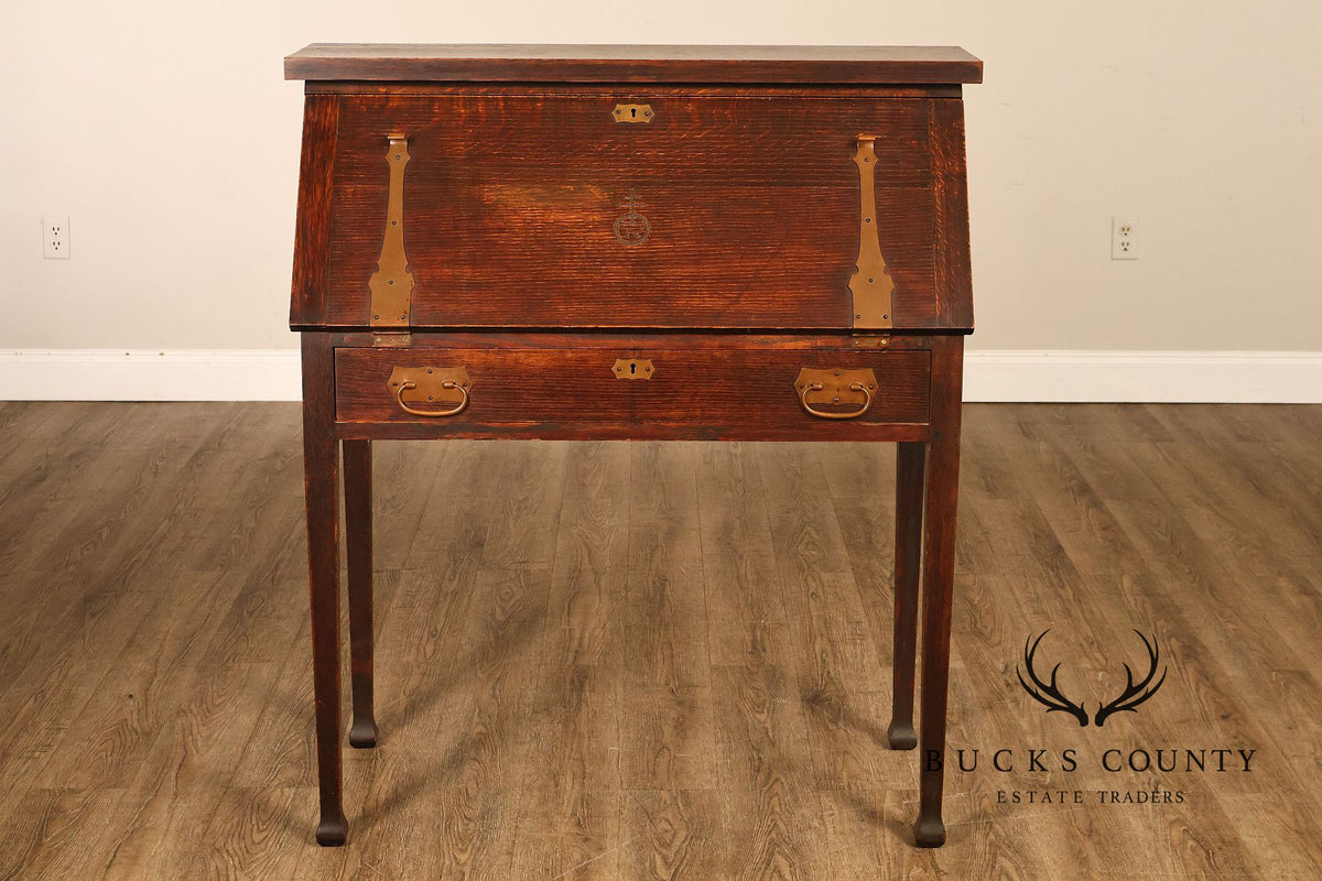 Antique Roycroft Arts And Crafts Mission Oak Drop Front Writing Desk