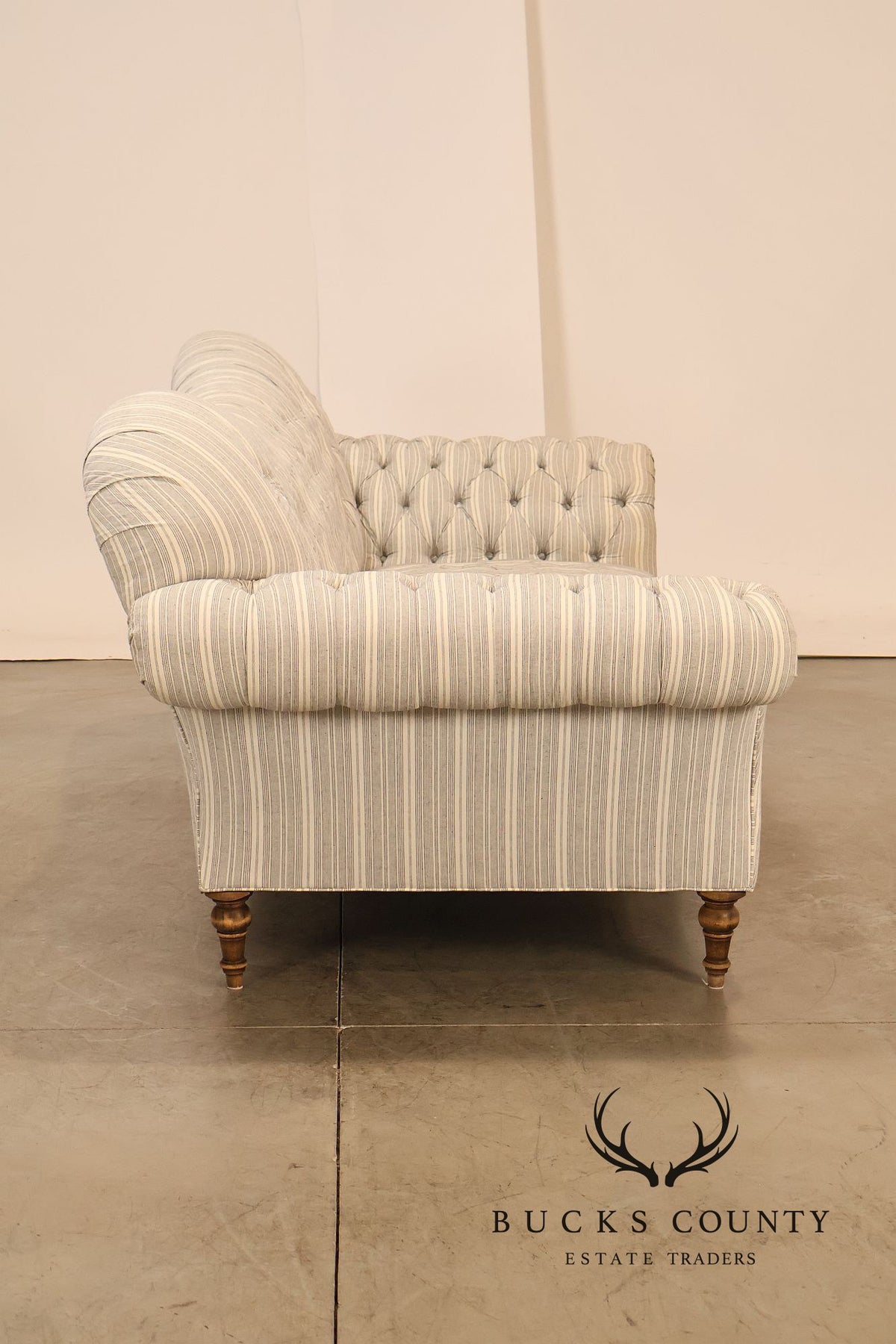 Cambridge Collection Tufted Blue And White Striped Upholstered Sofa