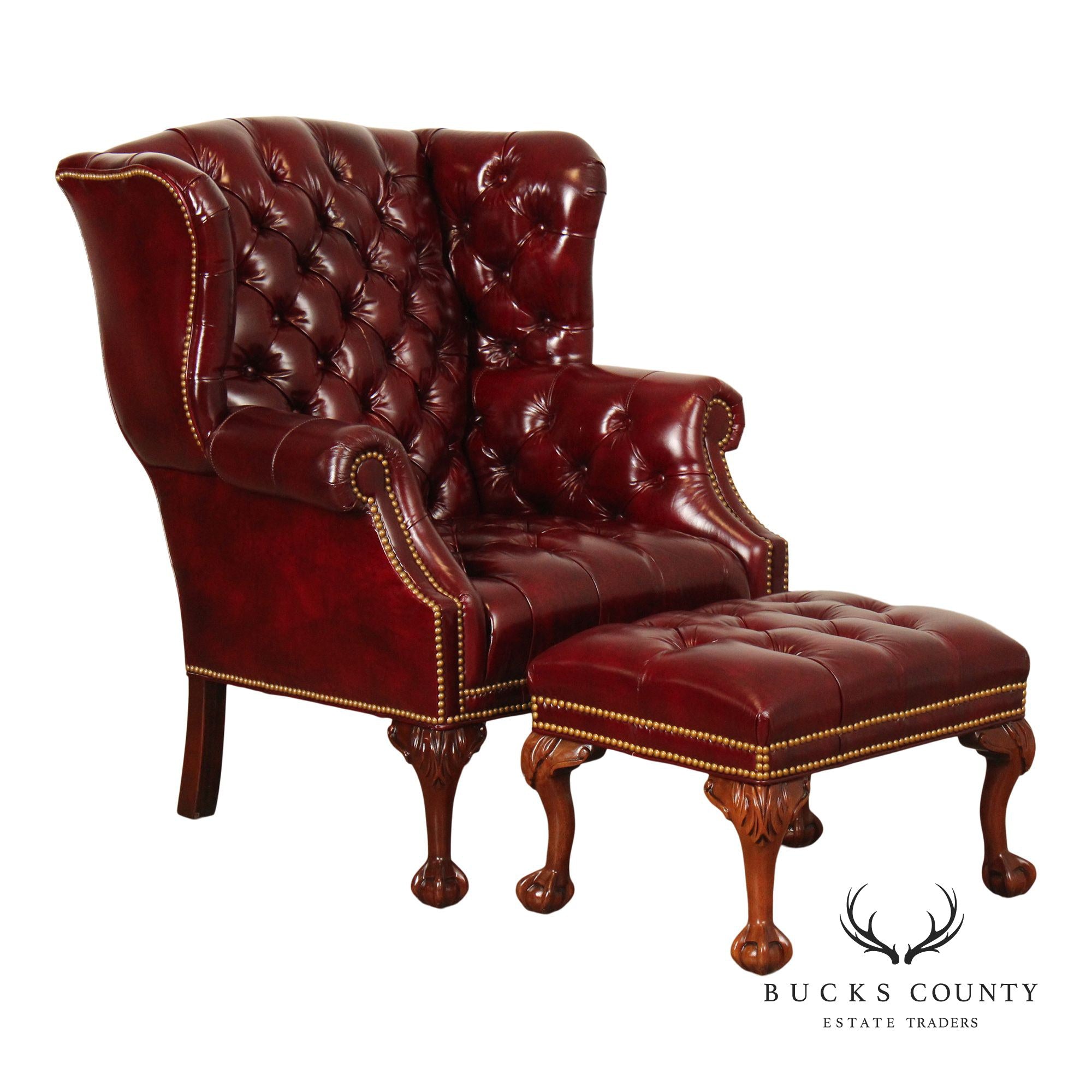 Georgian Style Tufted Oxblood Leather 'Reynolds' Wing Chair and Ottoman