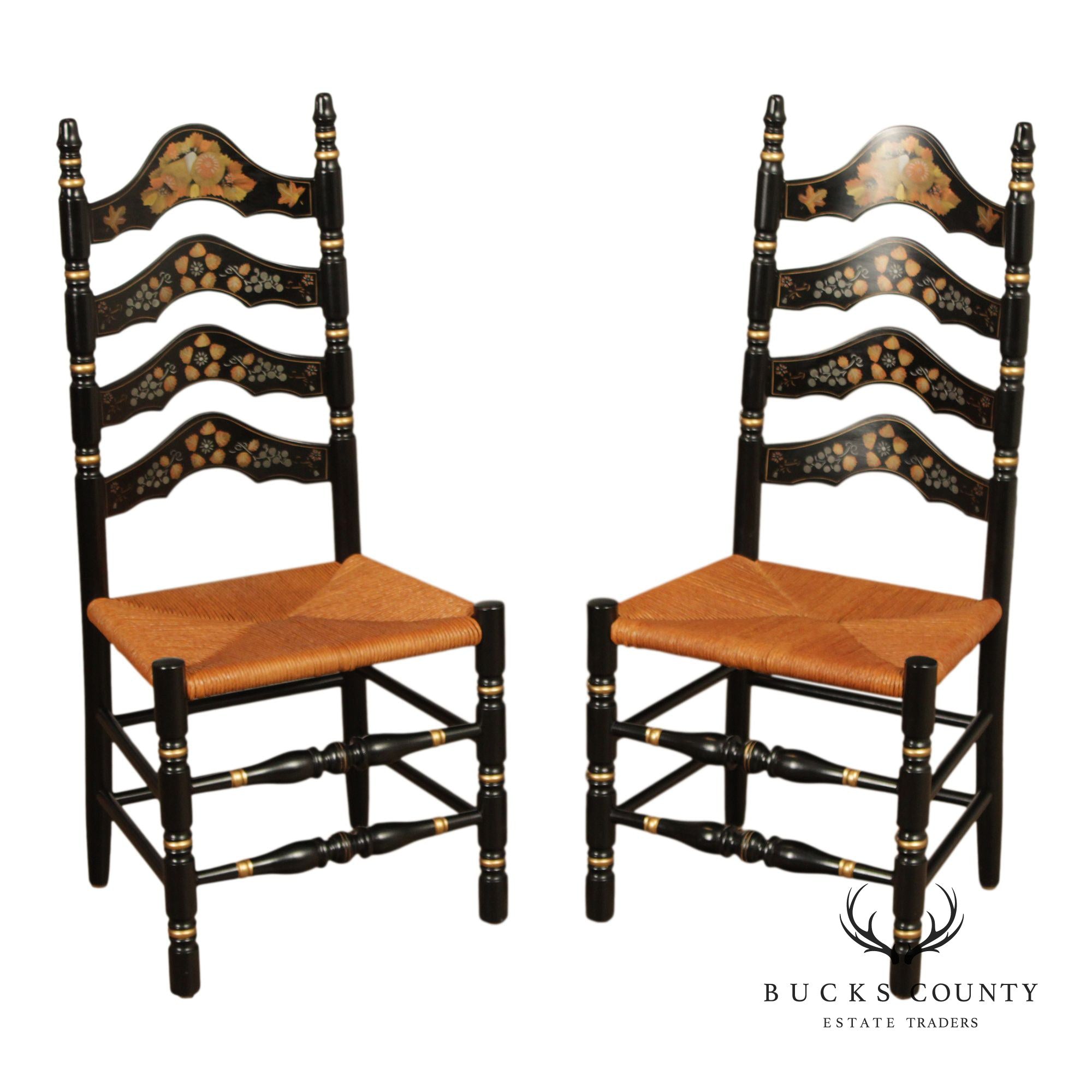 Ethan Allen Pair Of Hitchcock Style Hand Painted Ladderback Side Chairs