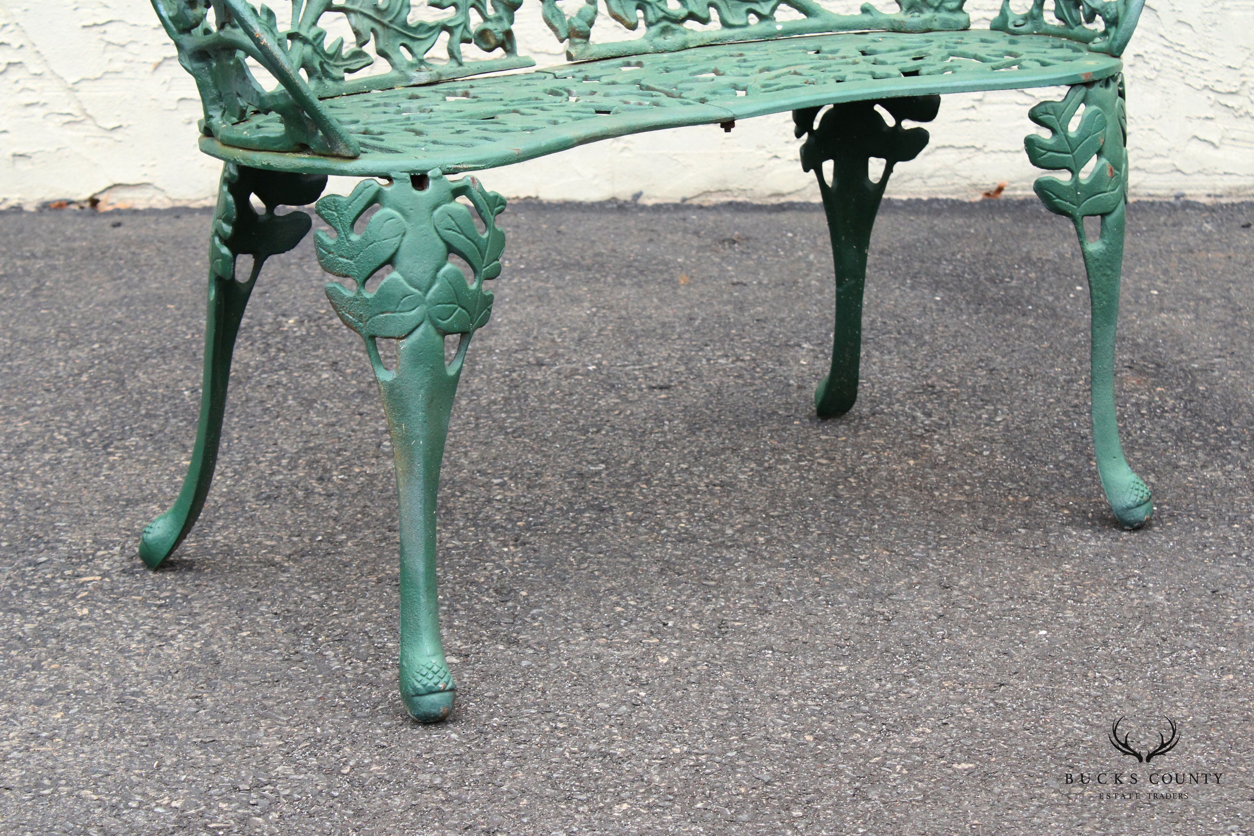 English Traditional Cast Iron Oak and Acorn Outdoor Garden Bench