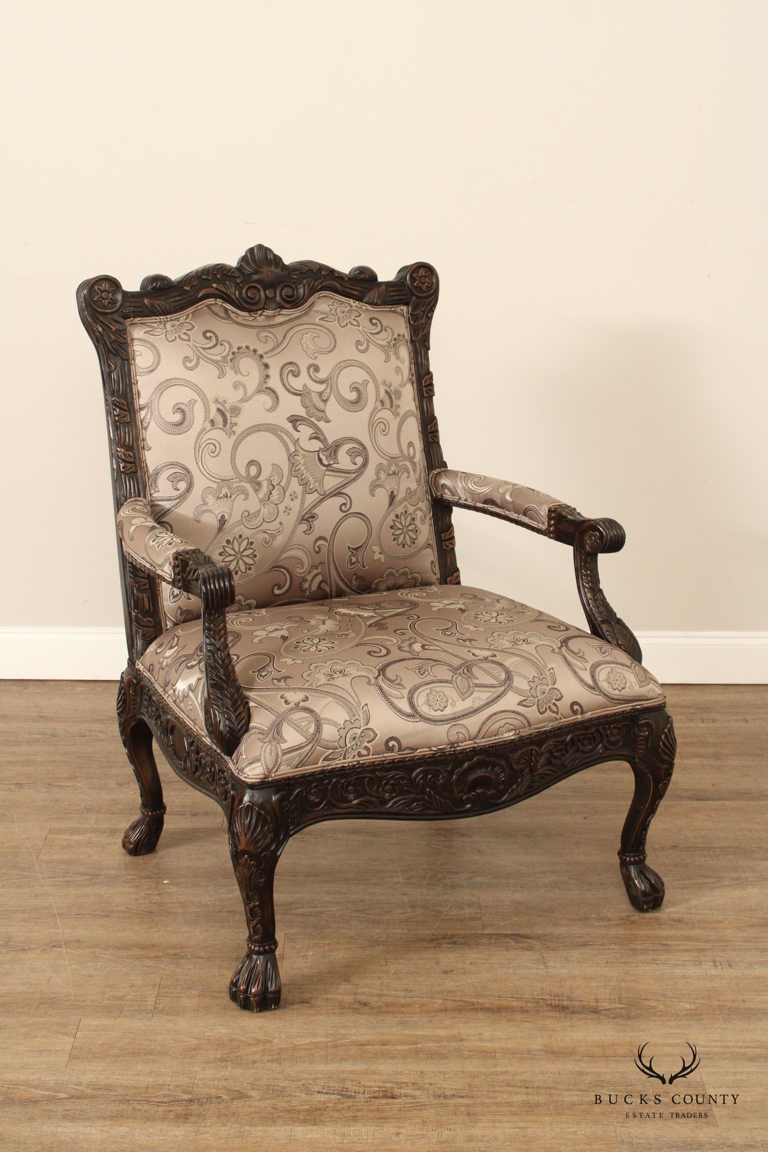 Modern Georgian Style Wide Seat Pair Of Carved Frame Custom Upholstered Armchairs With Ottoman