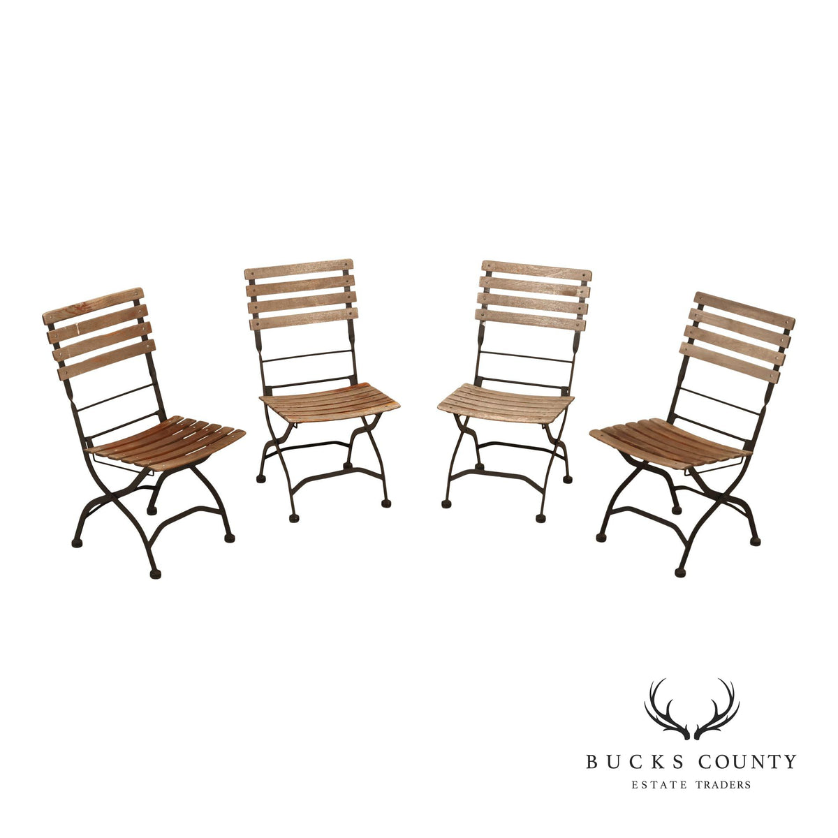 French Style Set of Four Teak and Wrought Iron Bistro Chairs