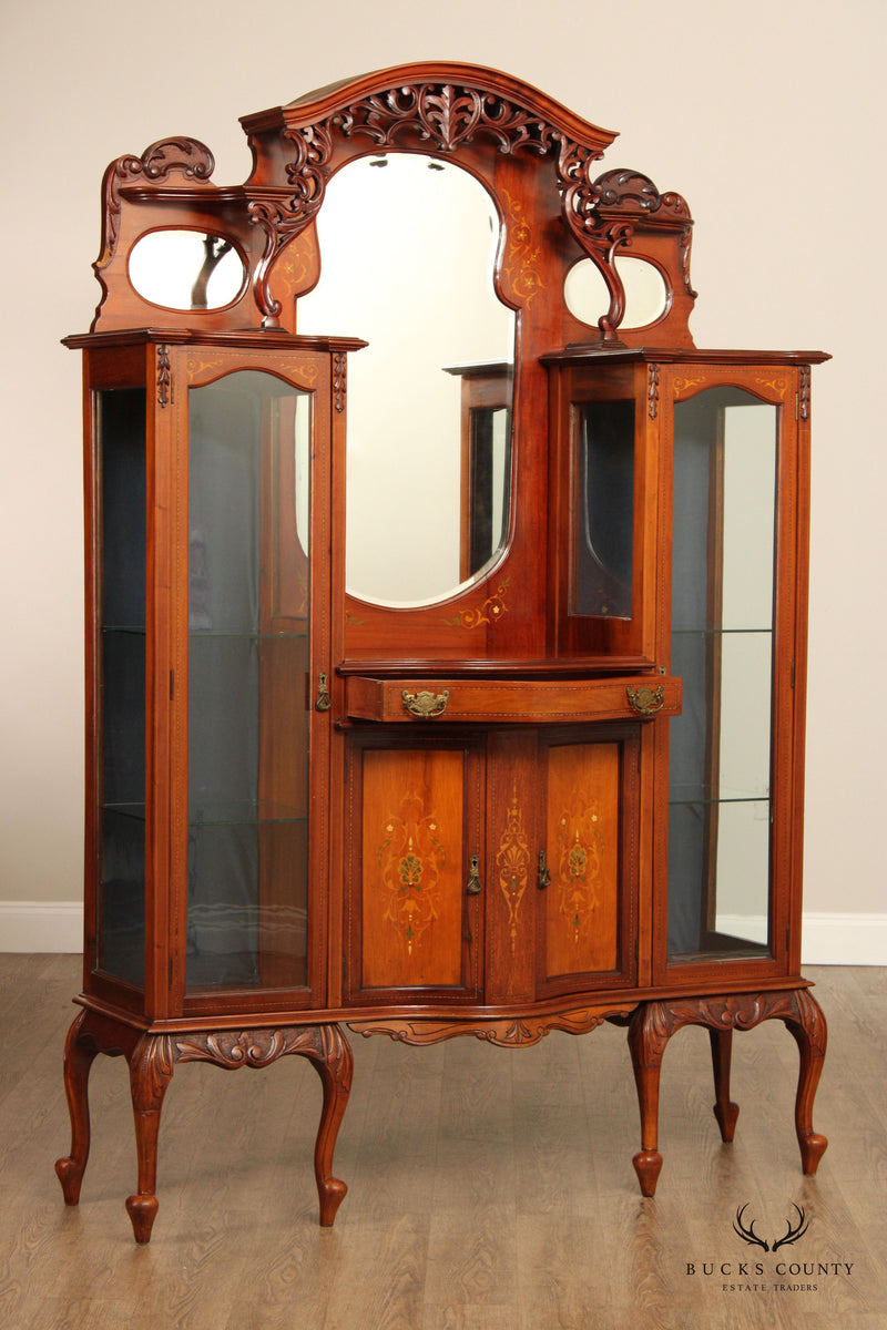 Antique Edwardian Mahogany Carved and Inlaid Double Display Etagere Cabinet