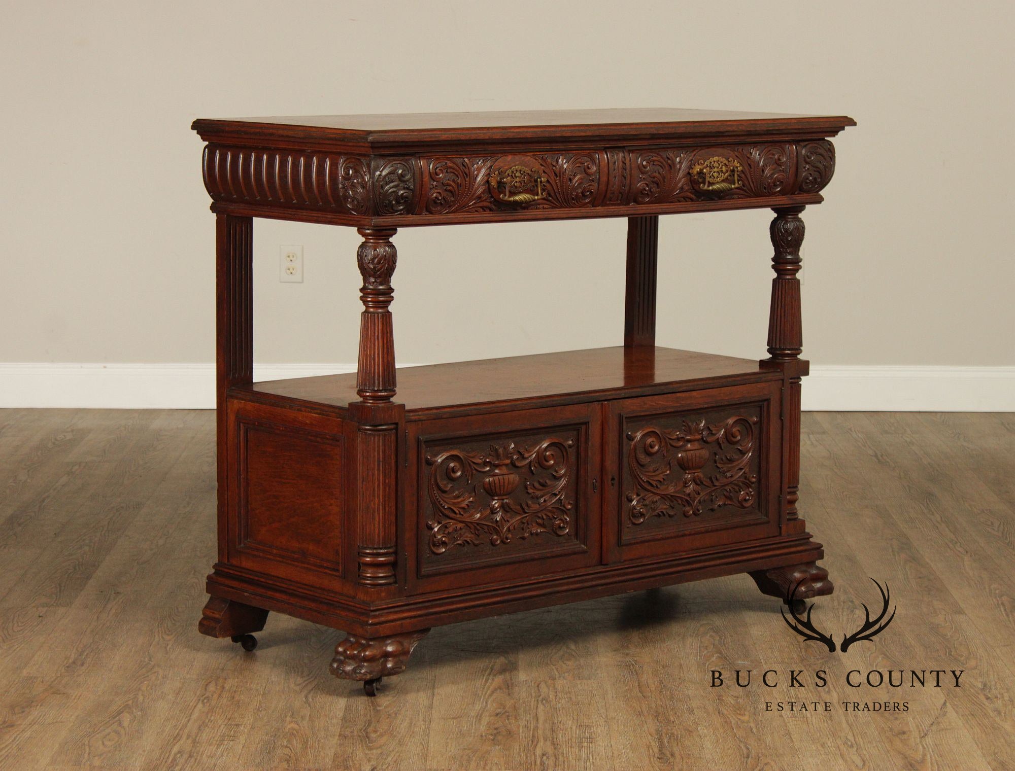 Antique Carved Oak Server Cabinet In The Manner Of R. J. Horner