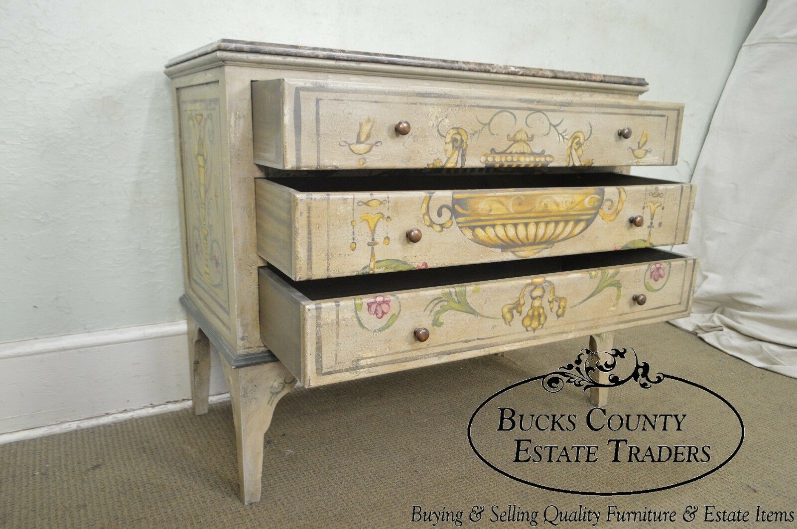 Adams Style Hand Painted Marble Top Chest of Drawers