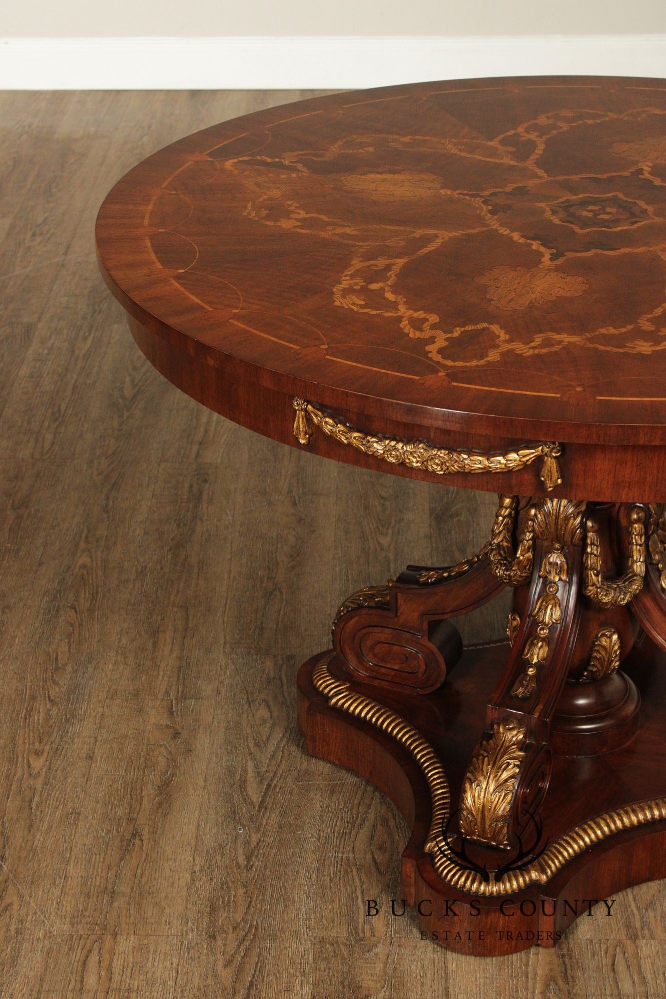 Maitland-Smith Round Inlaid Mahogany Round Center Table With Gilt Accents