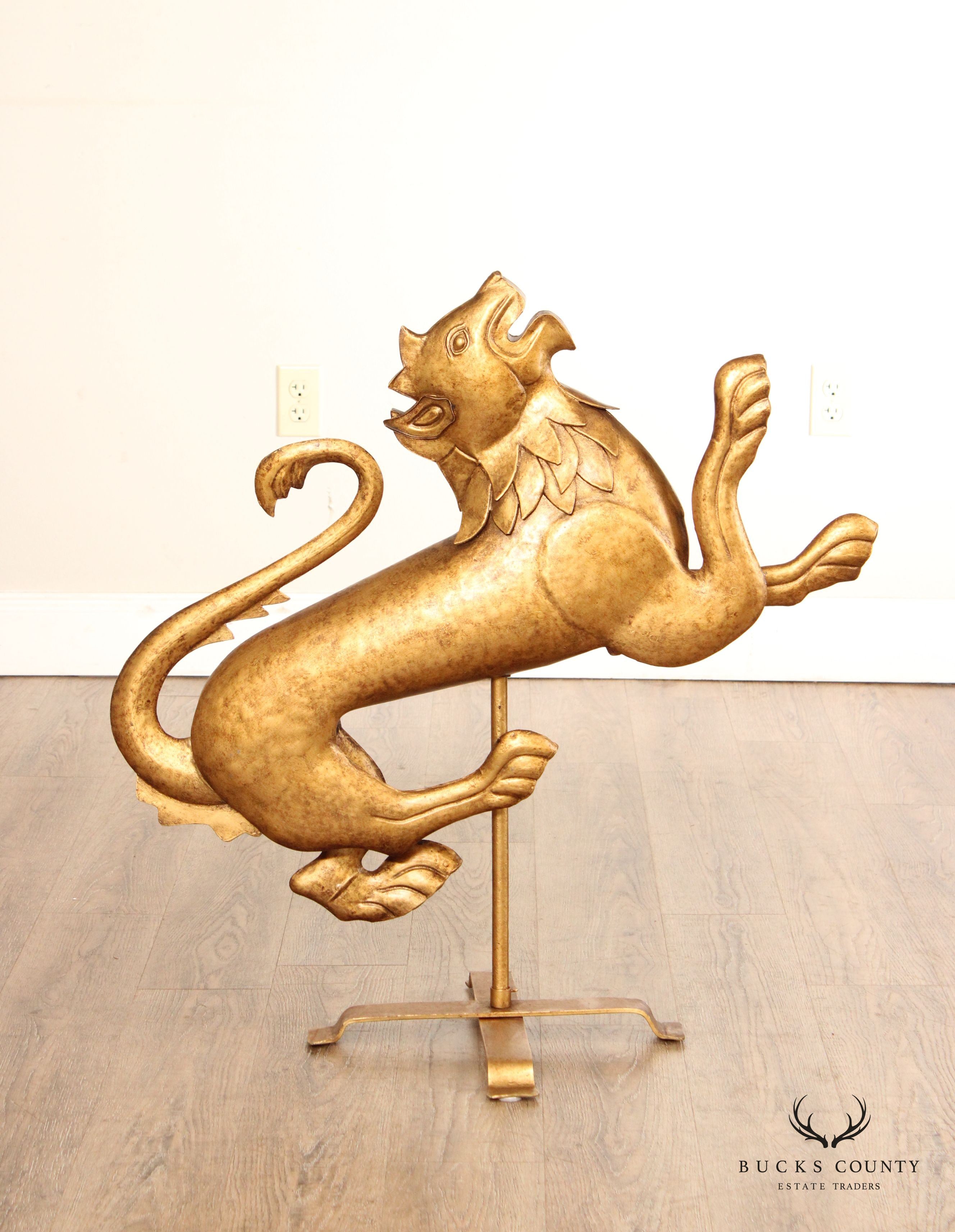 Heraldic Lion Vintage Gold Painted Metal Weathervane