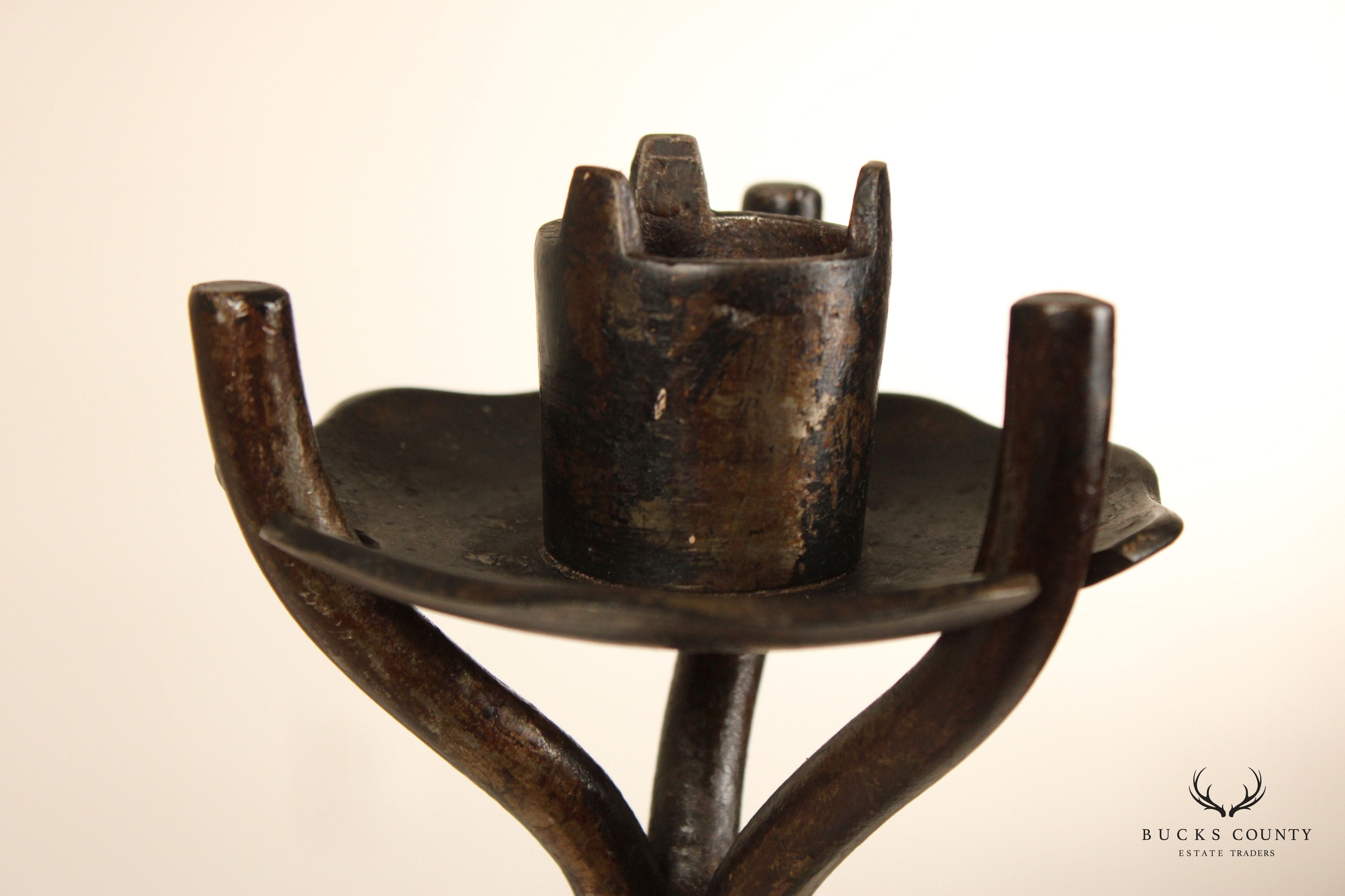 Mid Century Pair Of Hand Forged Tabletop Candelabras