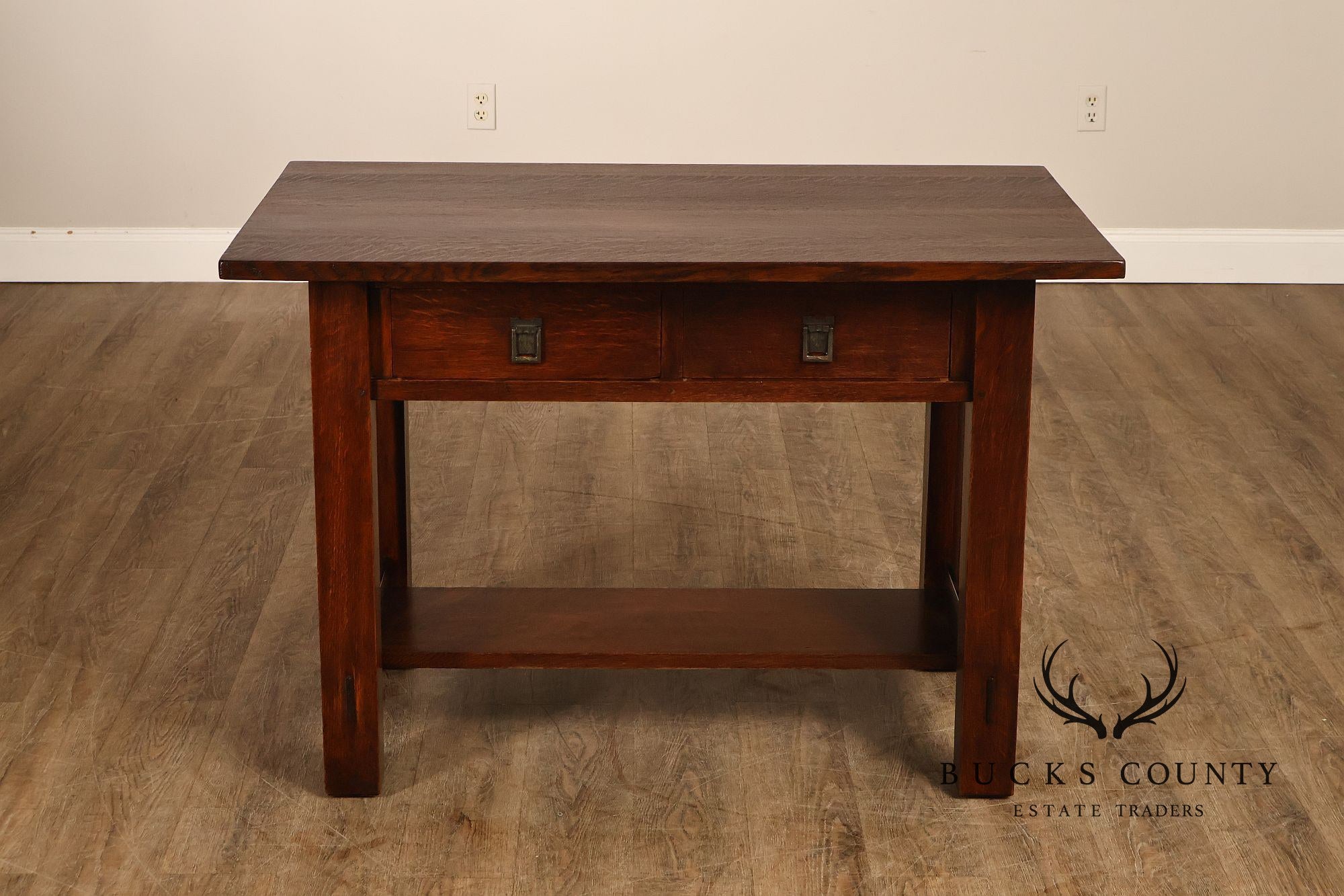 Antique Mission Oak Library Table Writing Desk With Drawers And Lower Shelf