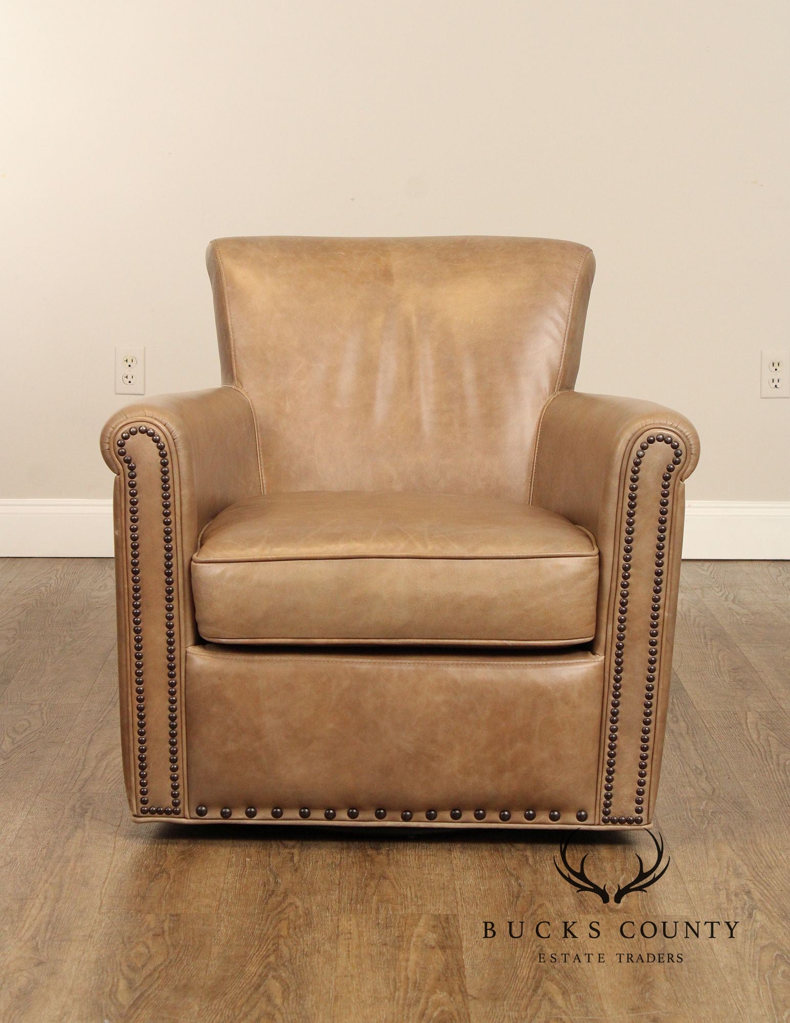 Pottery Barn Pair Of Leather Irving Roll Arm Swivel Chairs