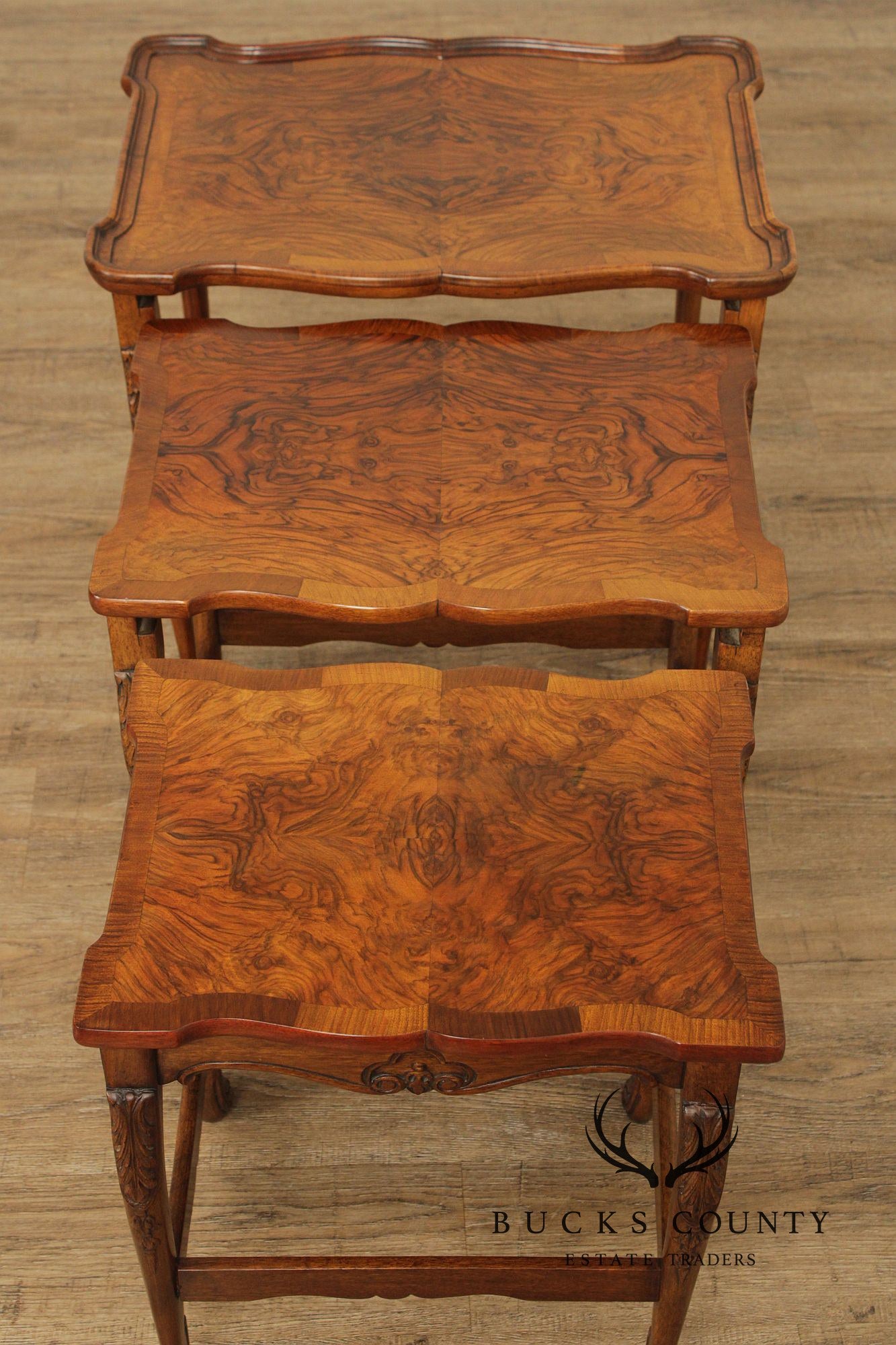 French Louis XV Style Set of Three Burl Walnut Nesting Tables