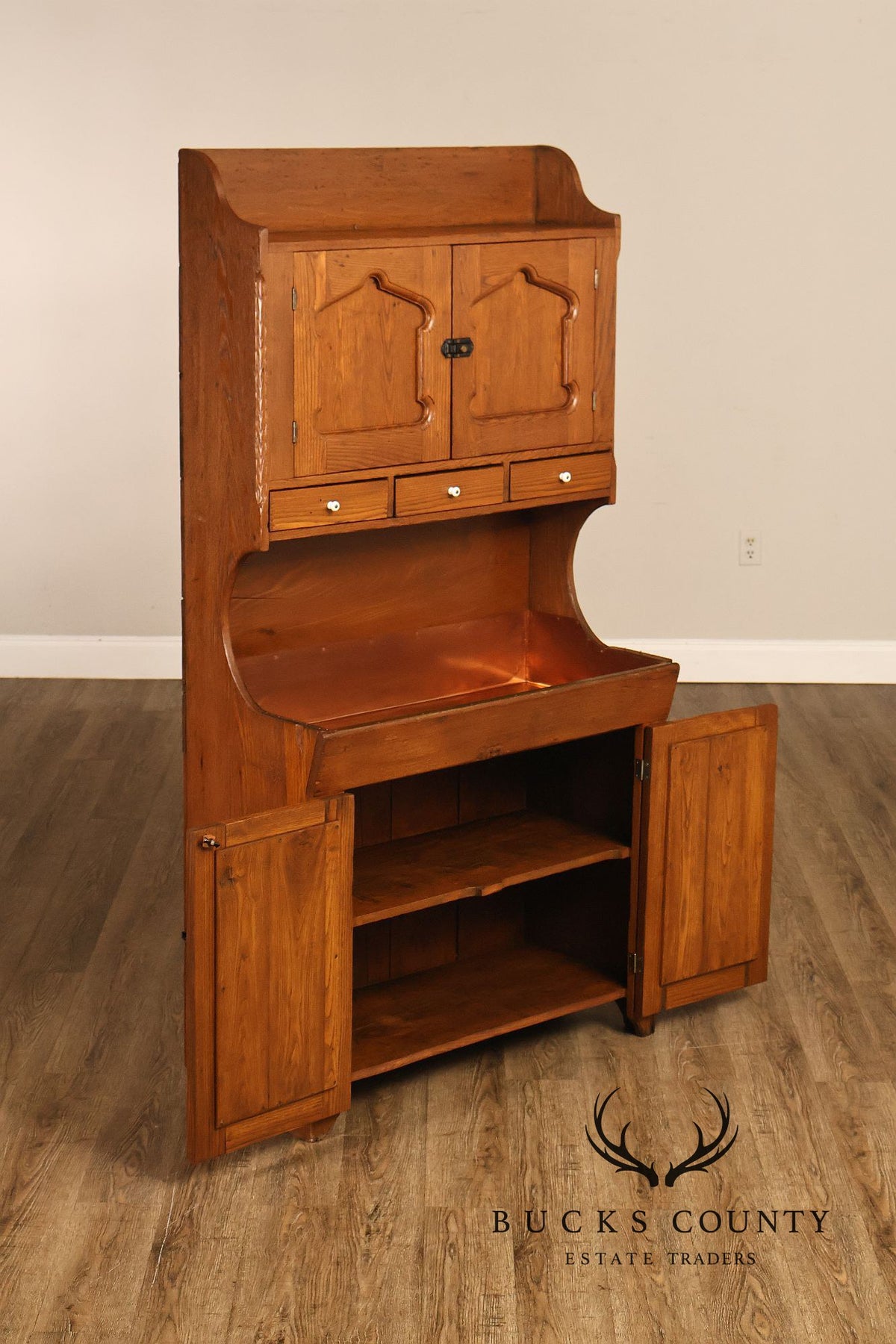 Antique Pine Dry Sink Hutch With Copper Lined Basin