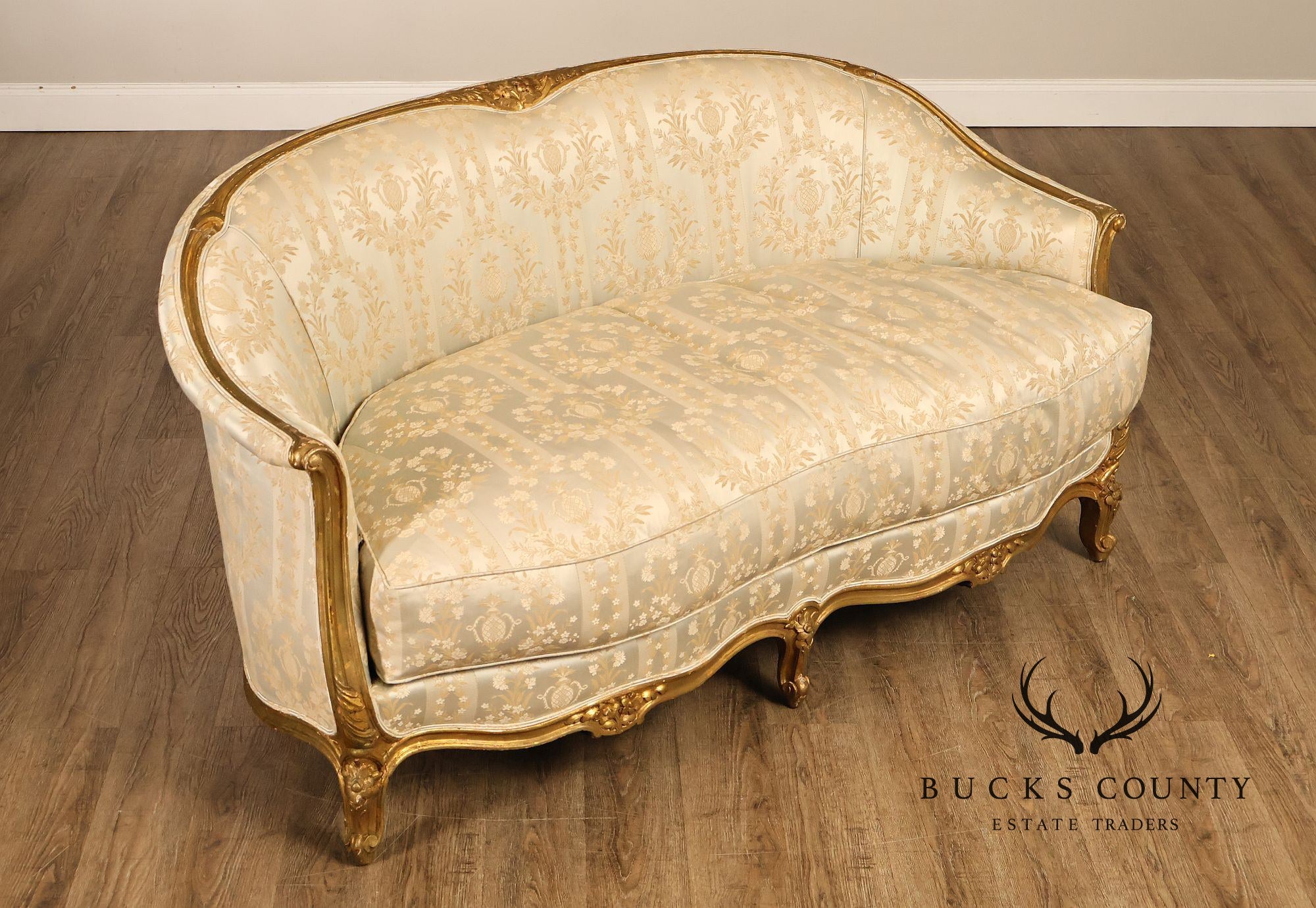 Antique French Louis XV Style Giltwood Upholstered Sofa