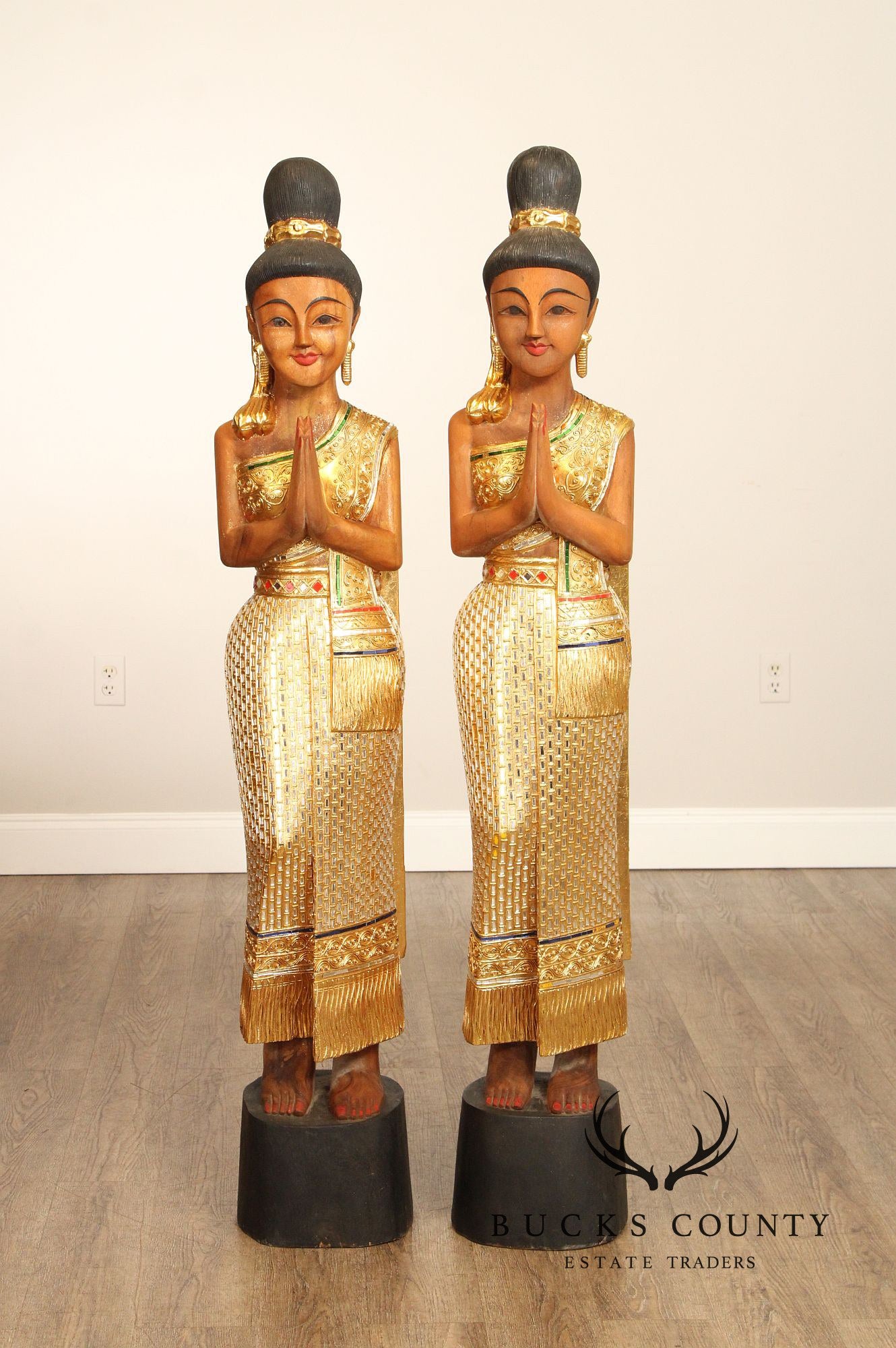 Thai Style Pair of 'Sawasdee' Carved Lady Statues