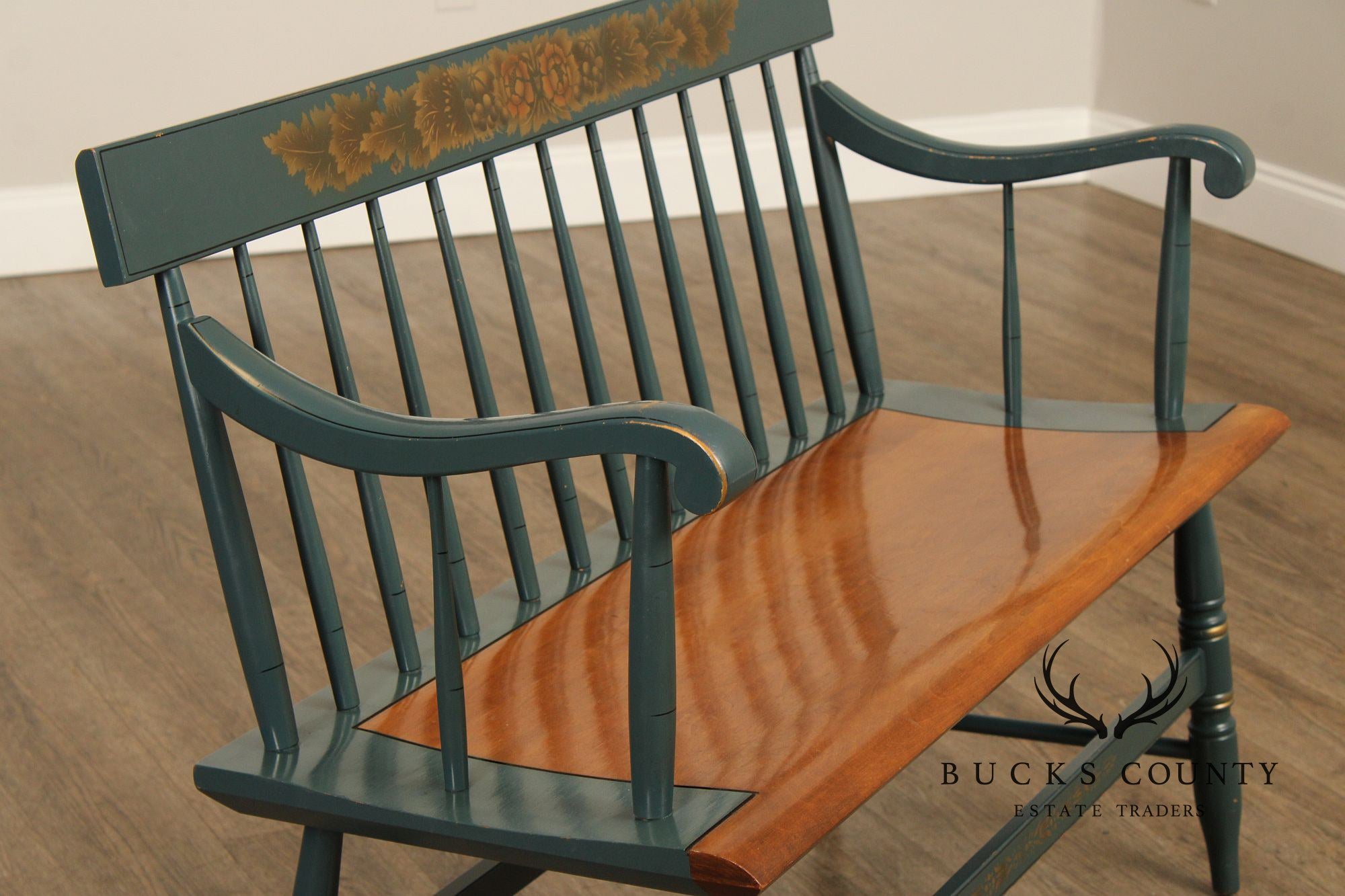 L. Hitchcock Painted Harvest Decorated Windsor Style Settee Bench