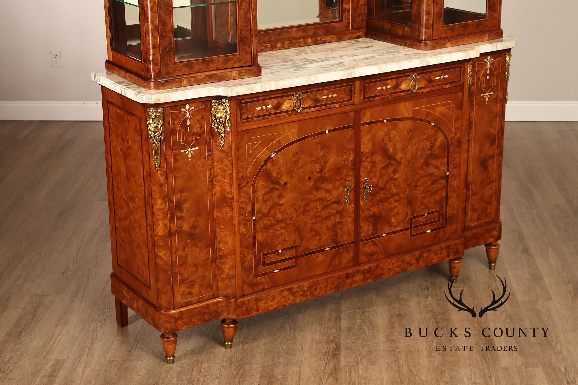 French Belle Époque Art Nouveau Burled Walnut Marble Top Sideboard With Display Cabinets
