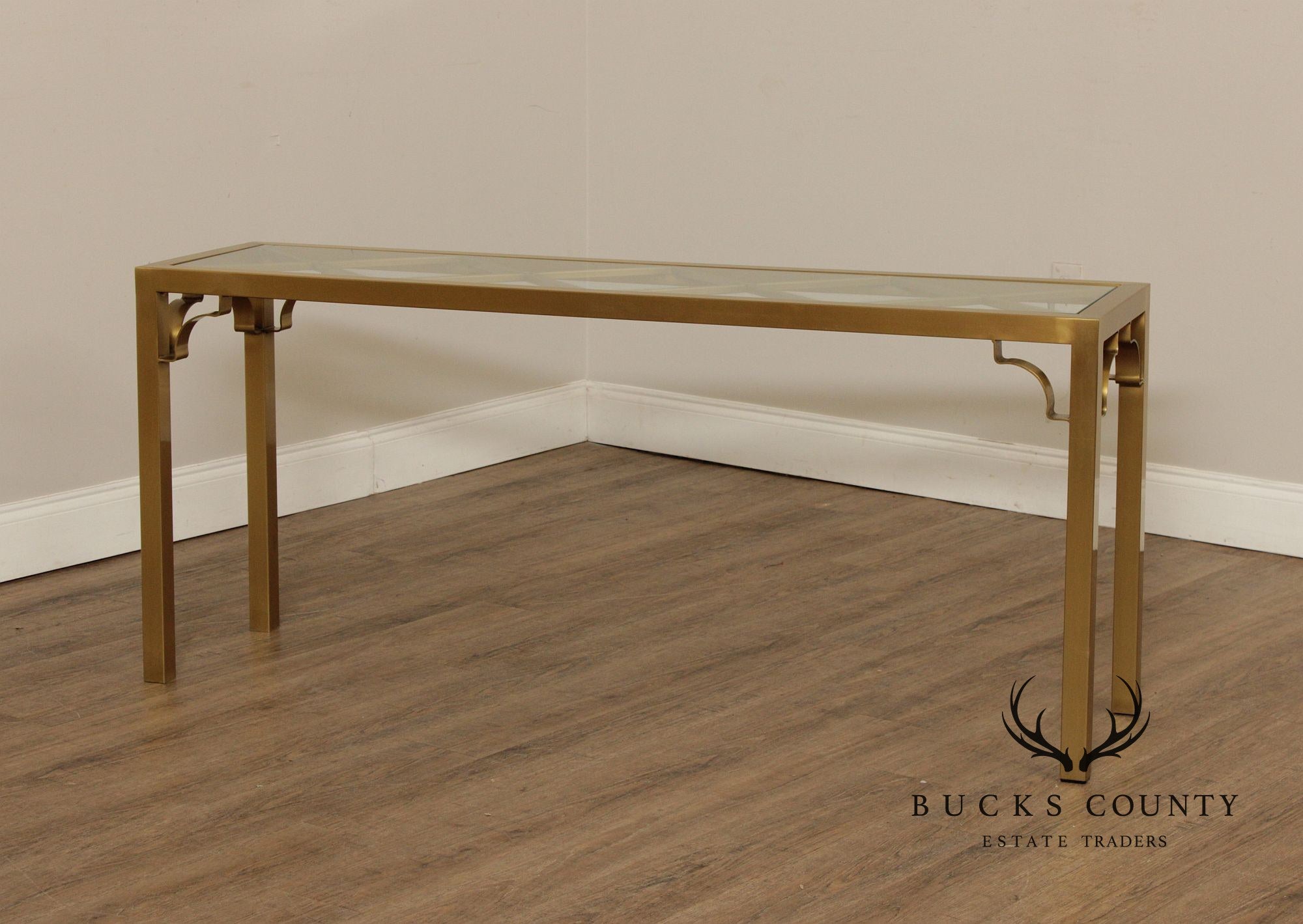 Hollywood Regency Style Glass Top Brass Console Table