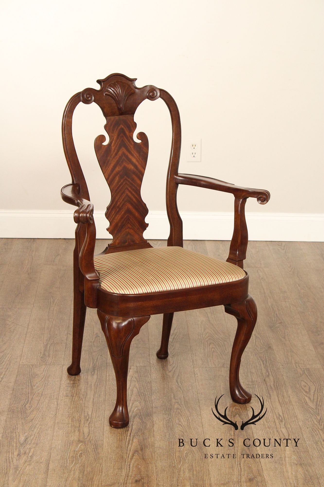 Queen Anne Style Pair of Carved Mahogany Armchairs