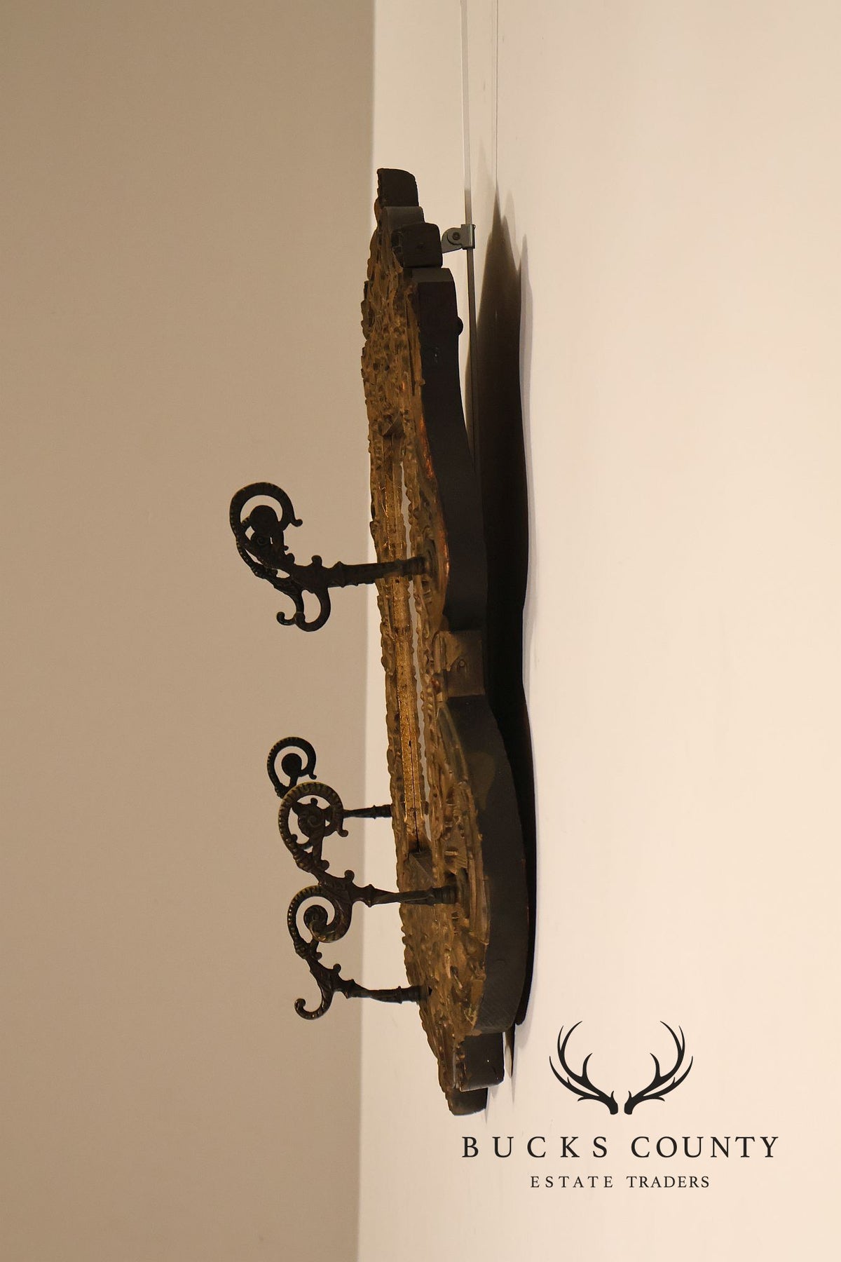 Antique Carved Gilt Wood Wall Mirror With Wrought Iron Hooks
