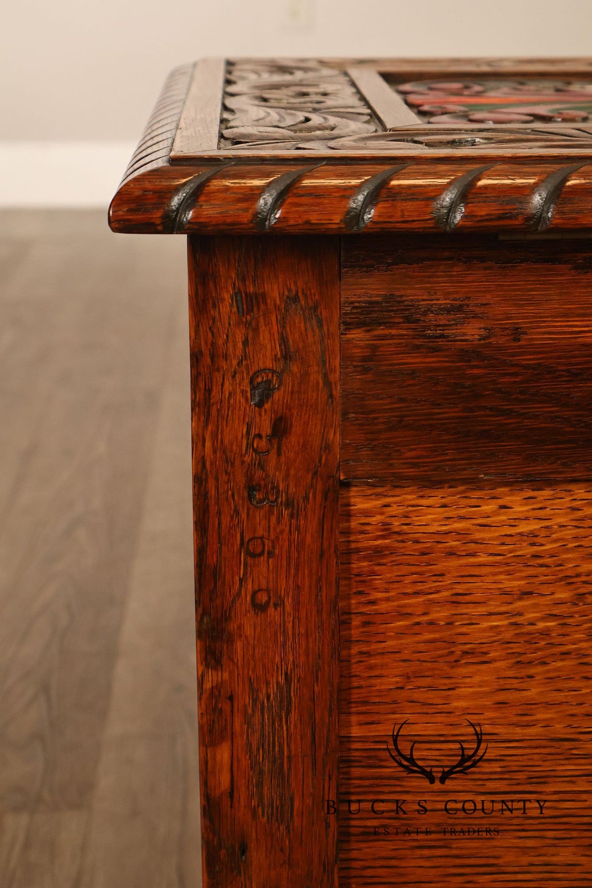 Berkey & Gay Carved And Painted Oak Spanish Revival Storage Chest