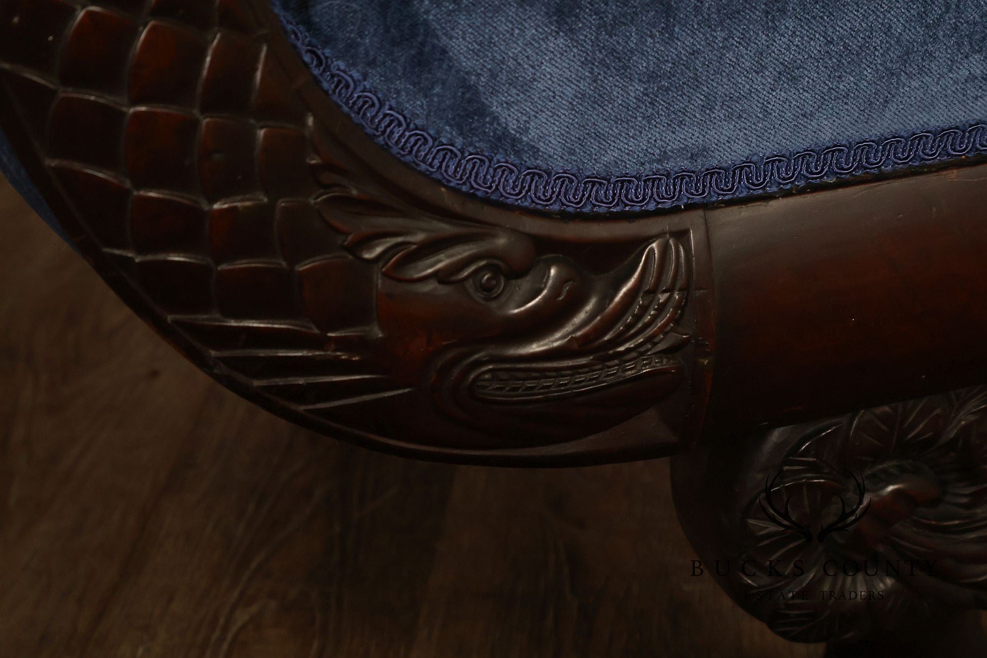 Antique American Empire Mahogany Carved Swan Arm Sofa With Blue  Upholstery