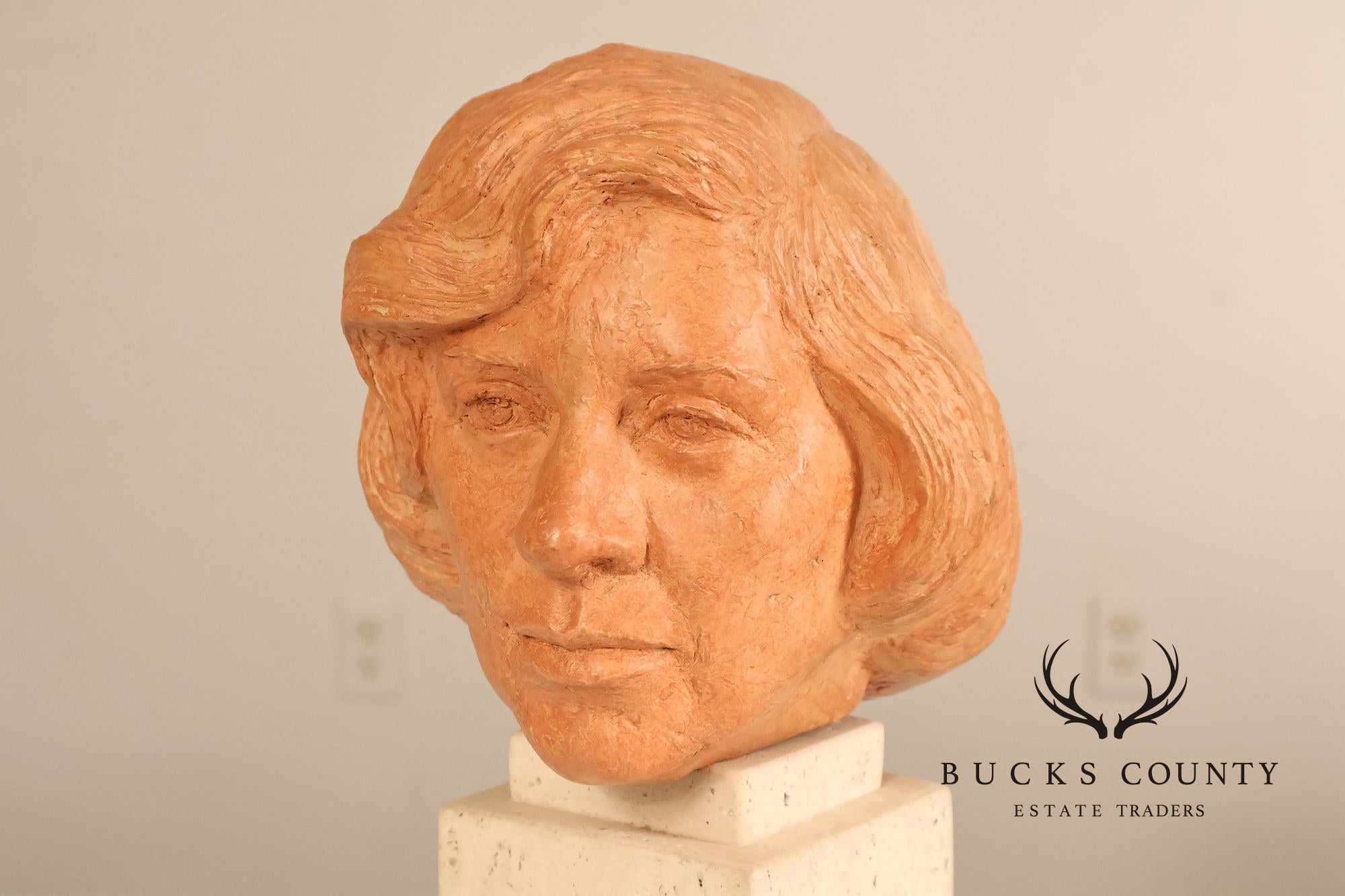 Contemporary Terracotta Female Portrait Bust Sculpture On Travertine Pedestal Base