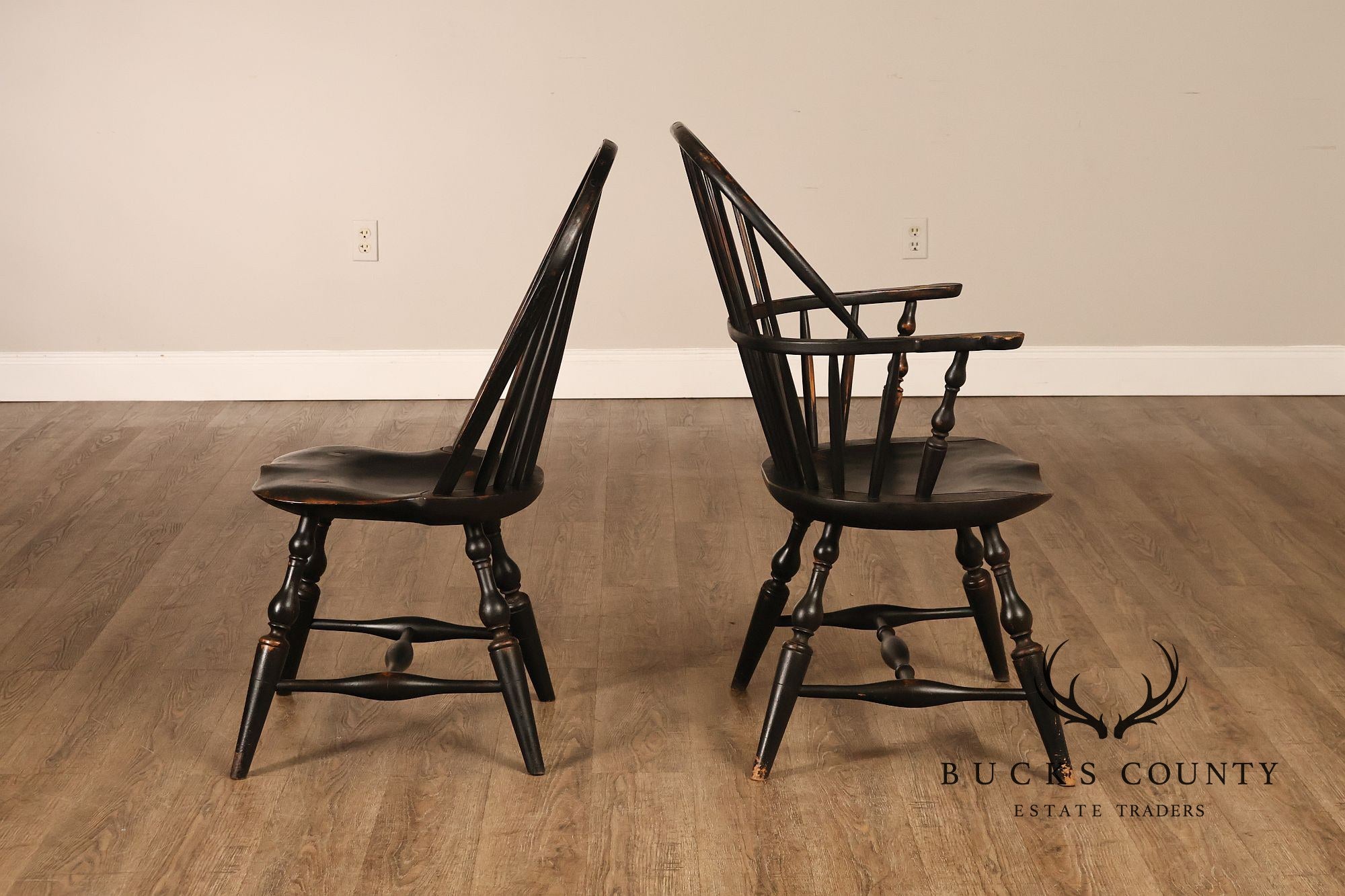 Richard Grell Set of Four Distress Painted Windsor Chairs