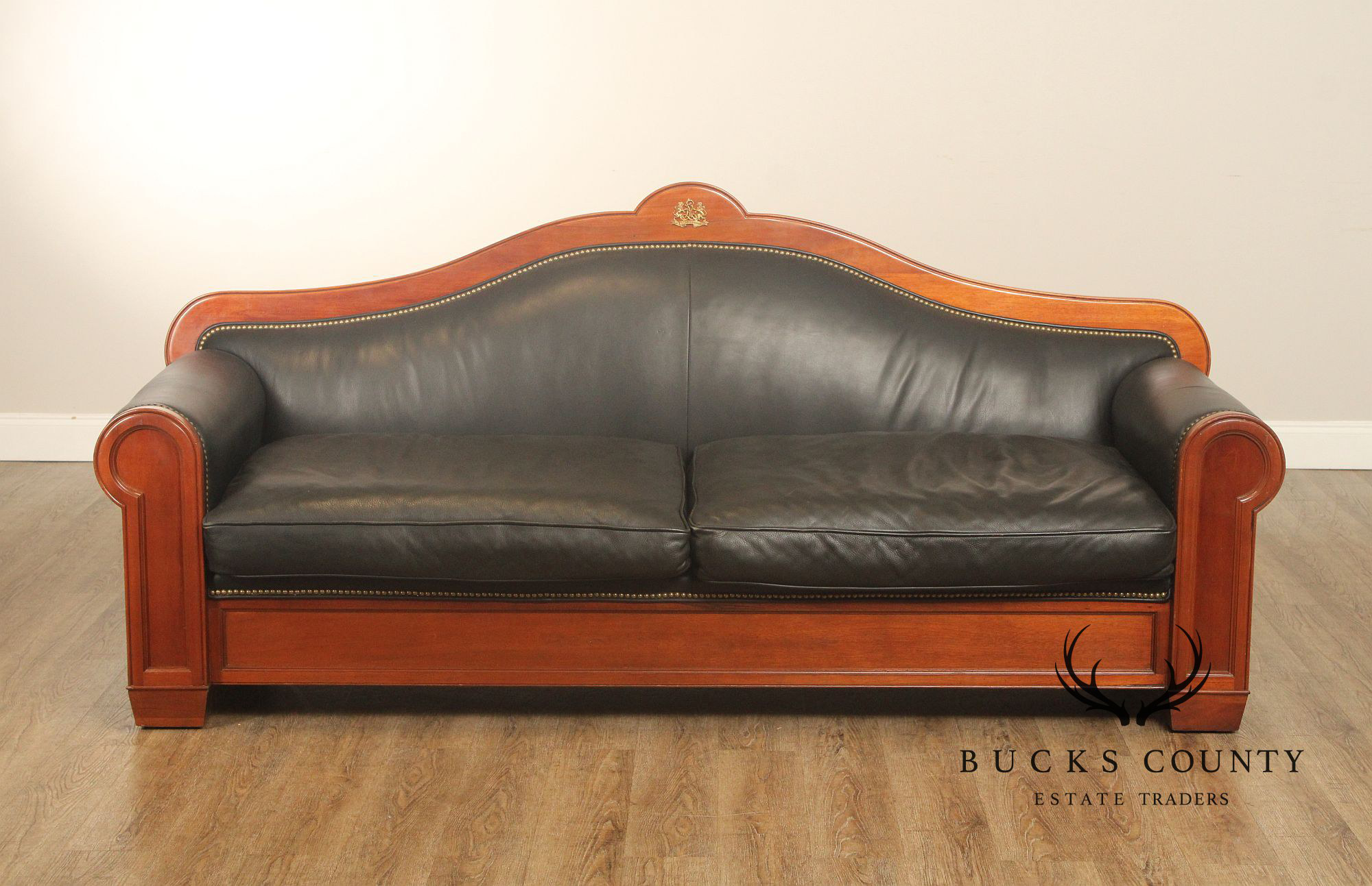 Ralph Lauren Empire Style Mahogany Frame Black Leather Sofa