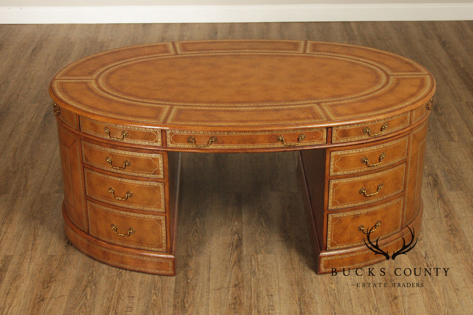 Maitland Smith Leather Wrapped Oval Executive Partners Desk