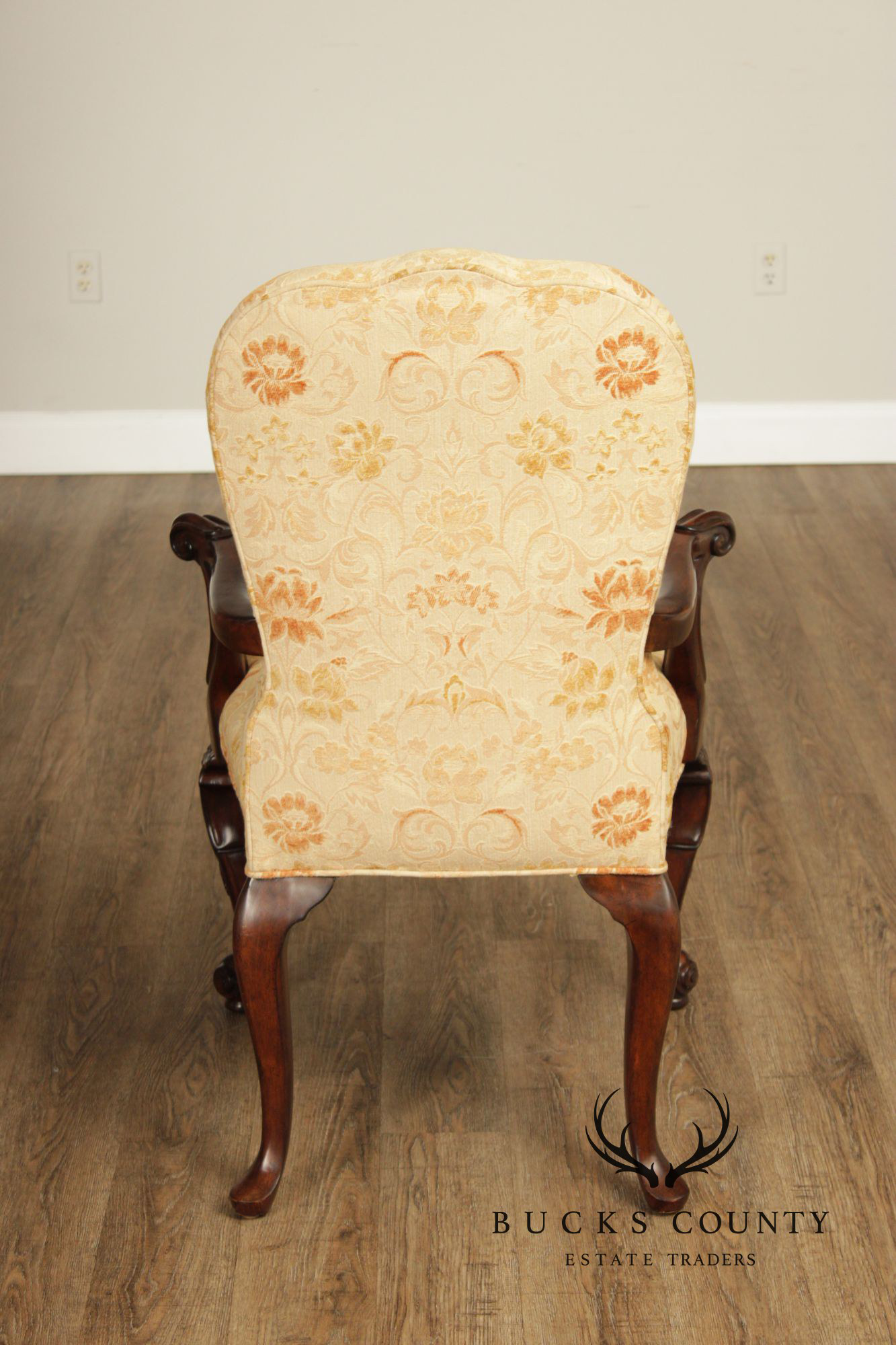 Henredon Scroll and Floral Upholstered Cabriole Leg Armchairs