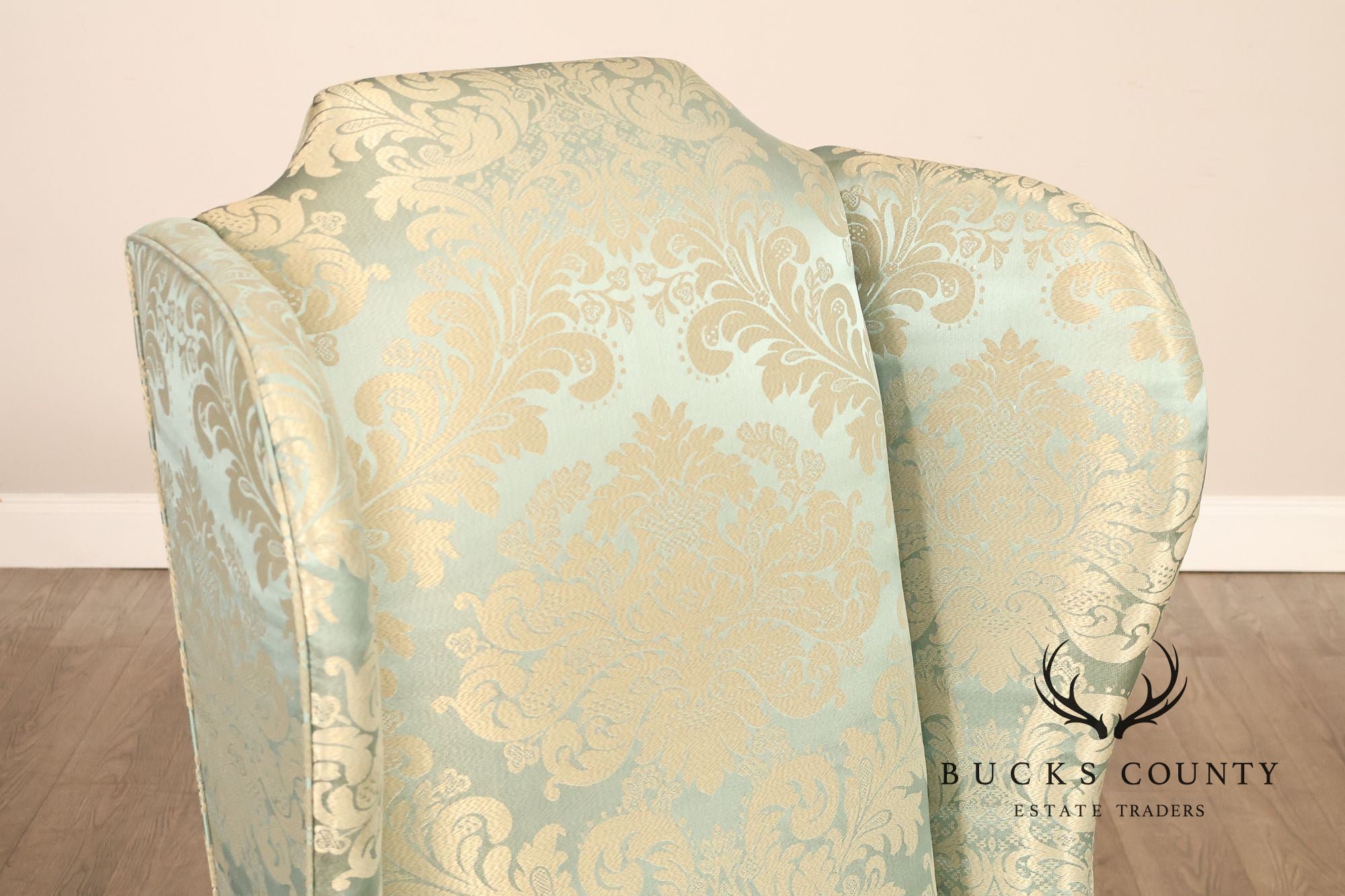 Quality Vintage Pair Of High Back Damask Upholstered Wing Chairs
