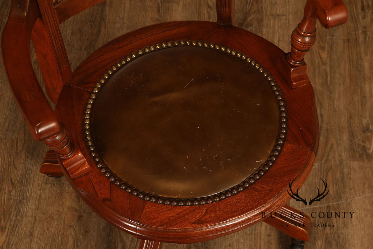Vintage Leather and Cane Swivel Office Armchair