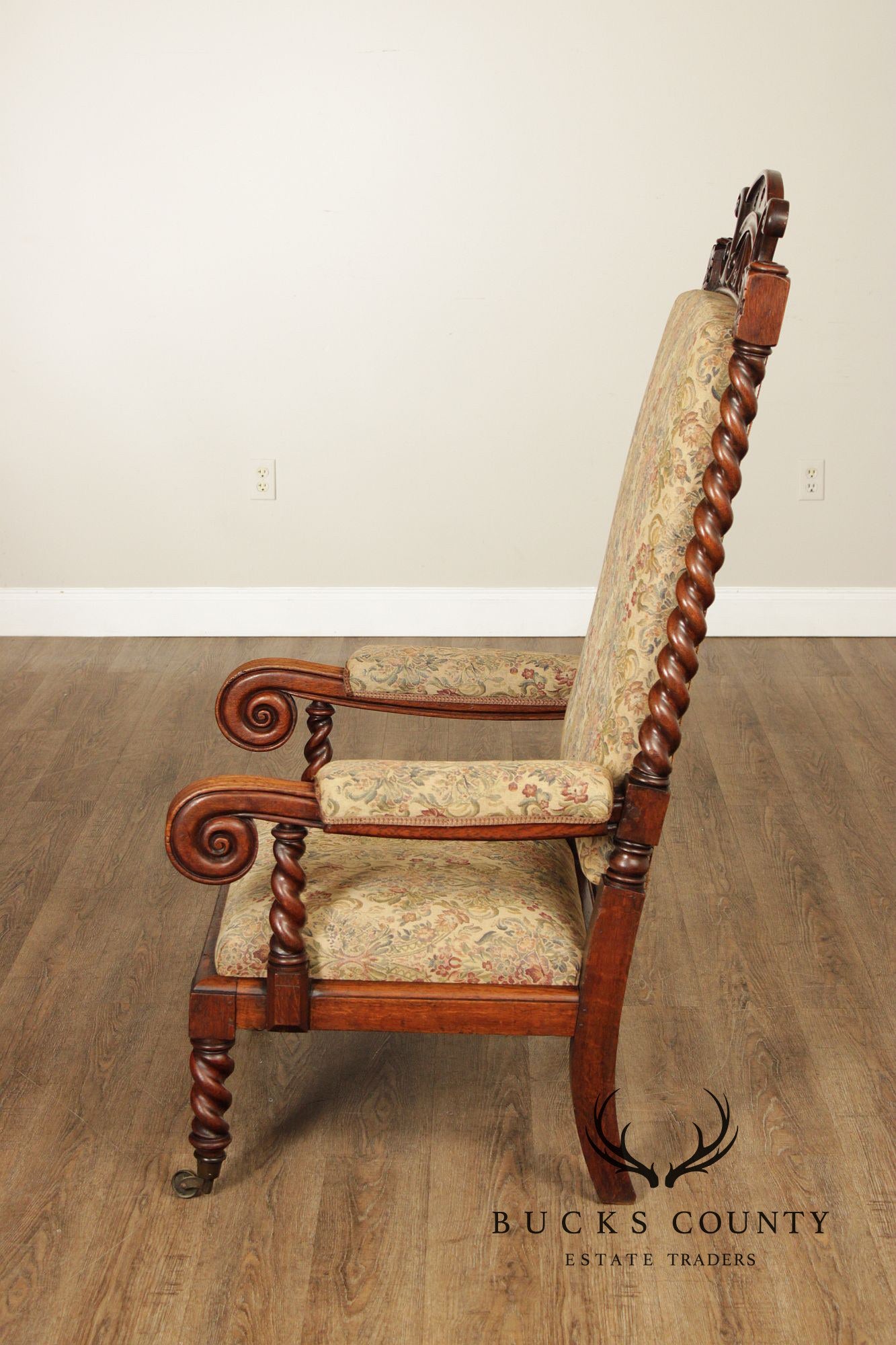 Antique Gothic Revival Barley Twist Carved Oak Throne Chair