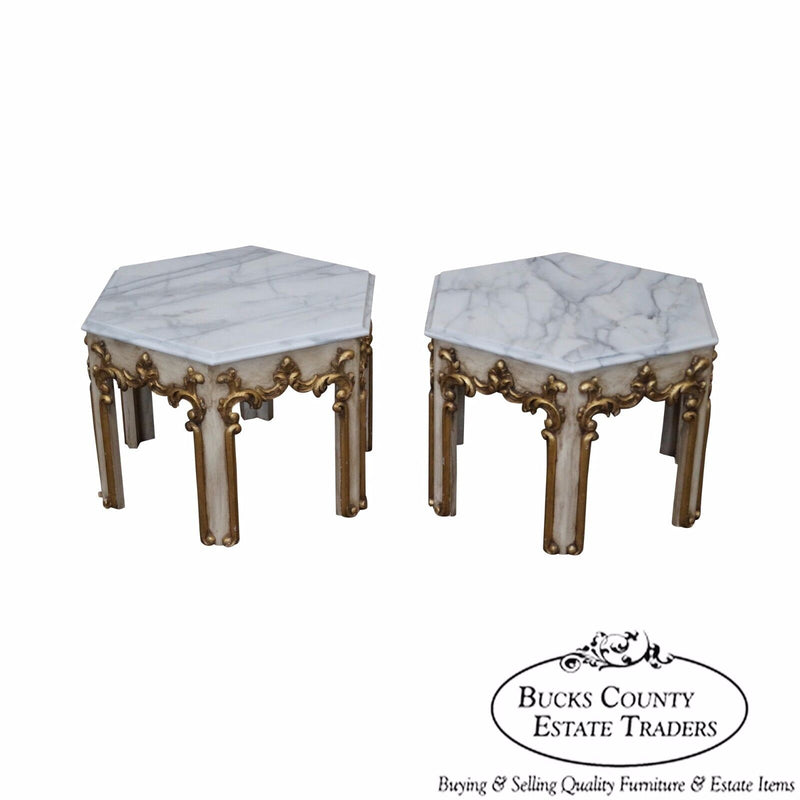 Quality Pair of Hollywood Regency Partial Gilt Hexagon Marble Top Side Tables