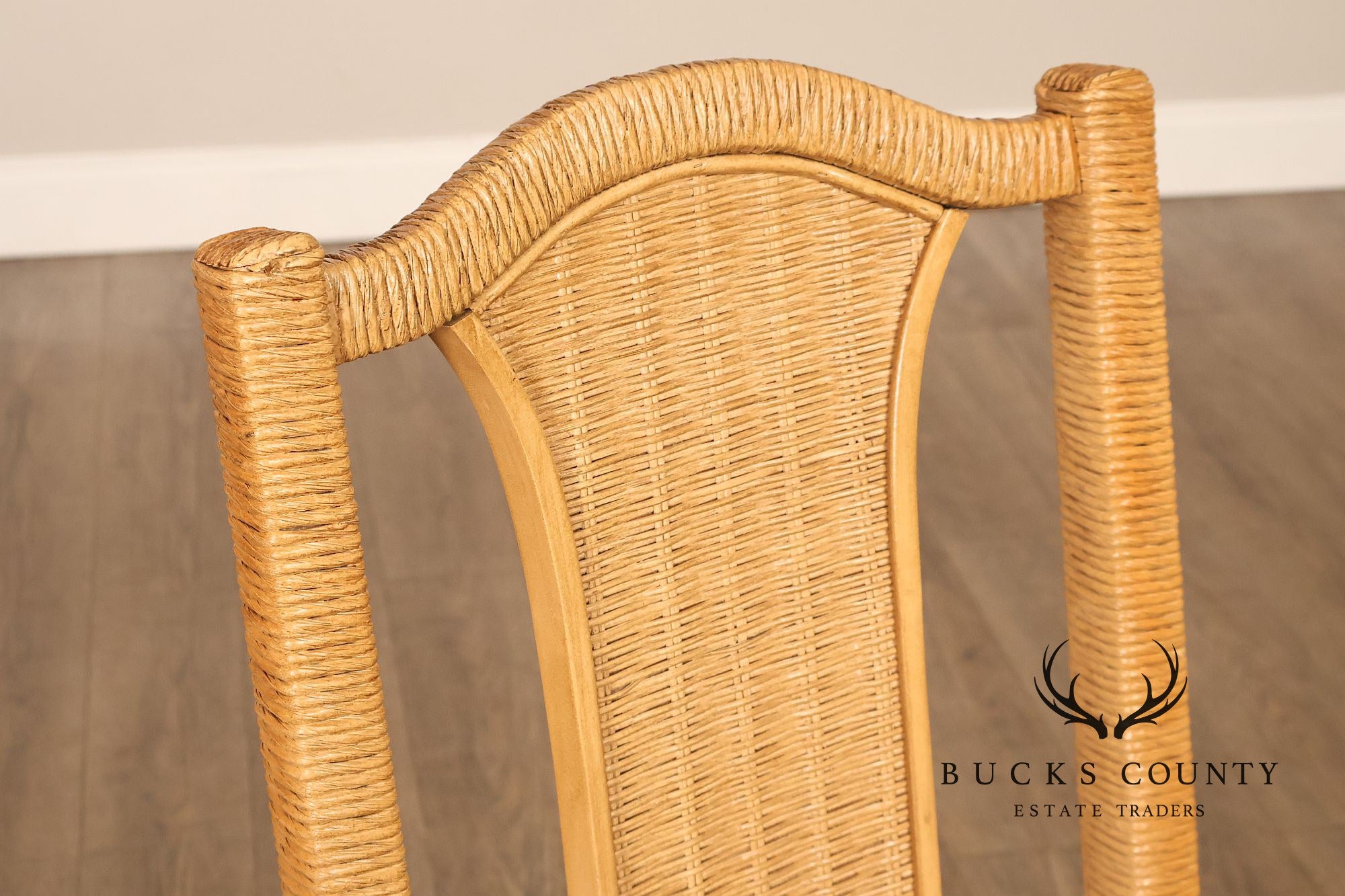 Vintage Wicker Set Of Six Dining Chairs With Upholstered Seats