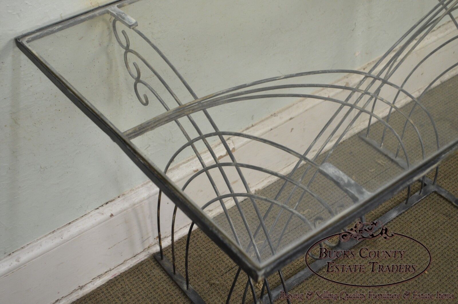 Art Deco Vintage Studio Wrought Iron Glass Top Patio Console Table