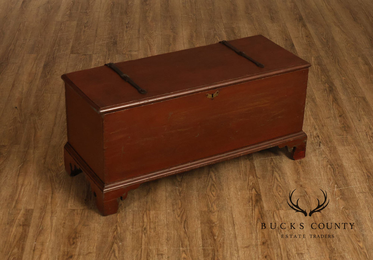 Antique Red Painted Cedar Blanket Chest With Cast Iron Strapping