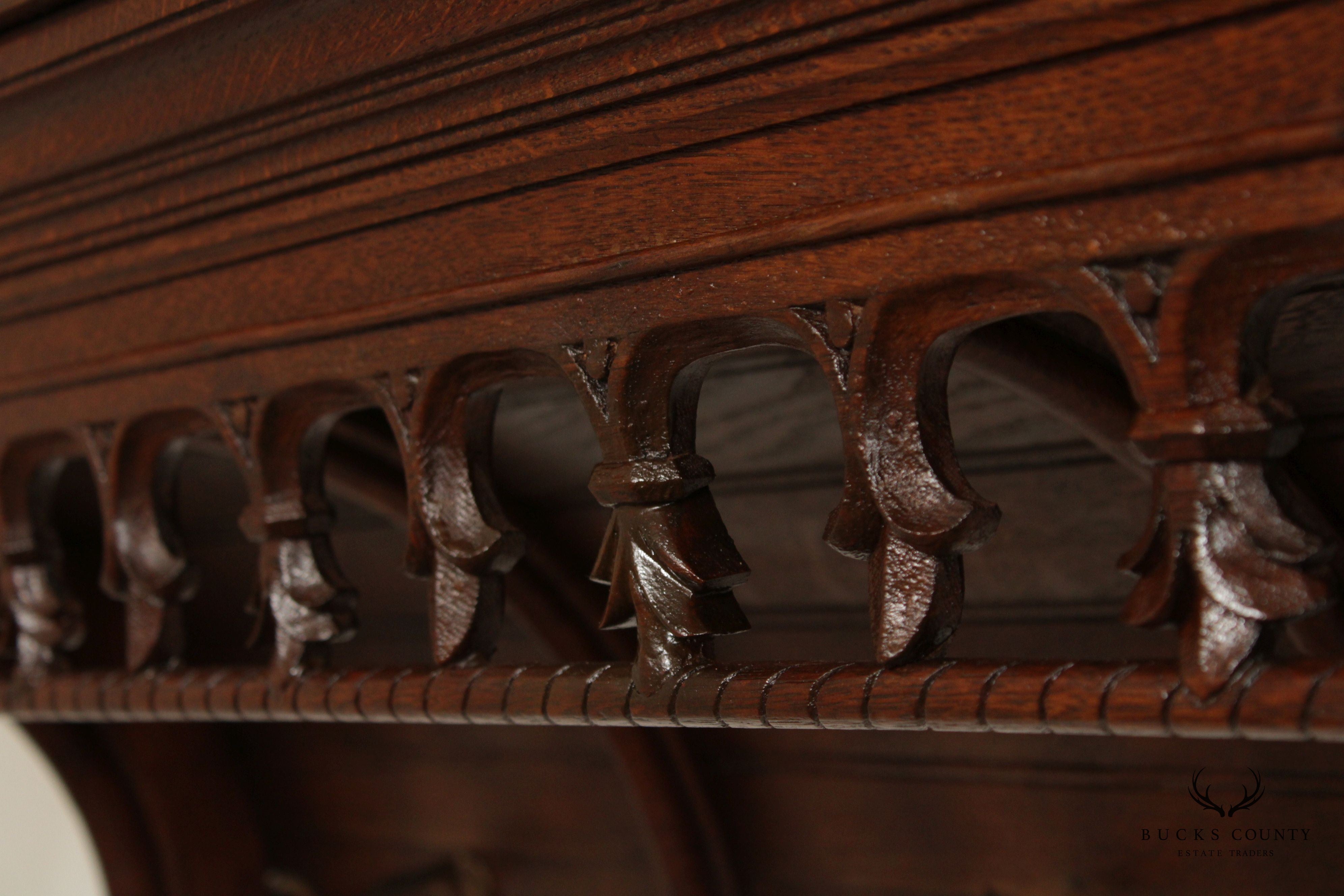 Antique French Gothic Revival Carved Oak Coat Rack Wall Shelf