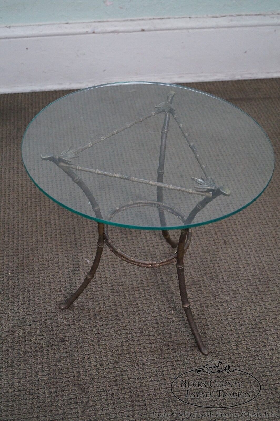 Brass & Glass Faux Bamboo Round Small Side Table