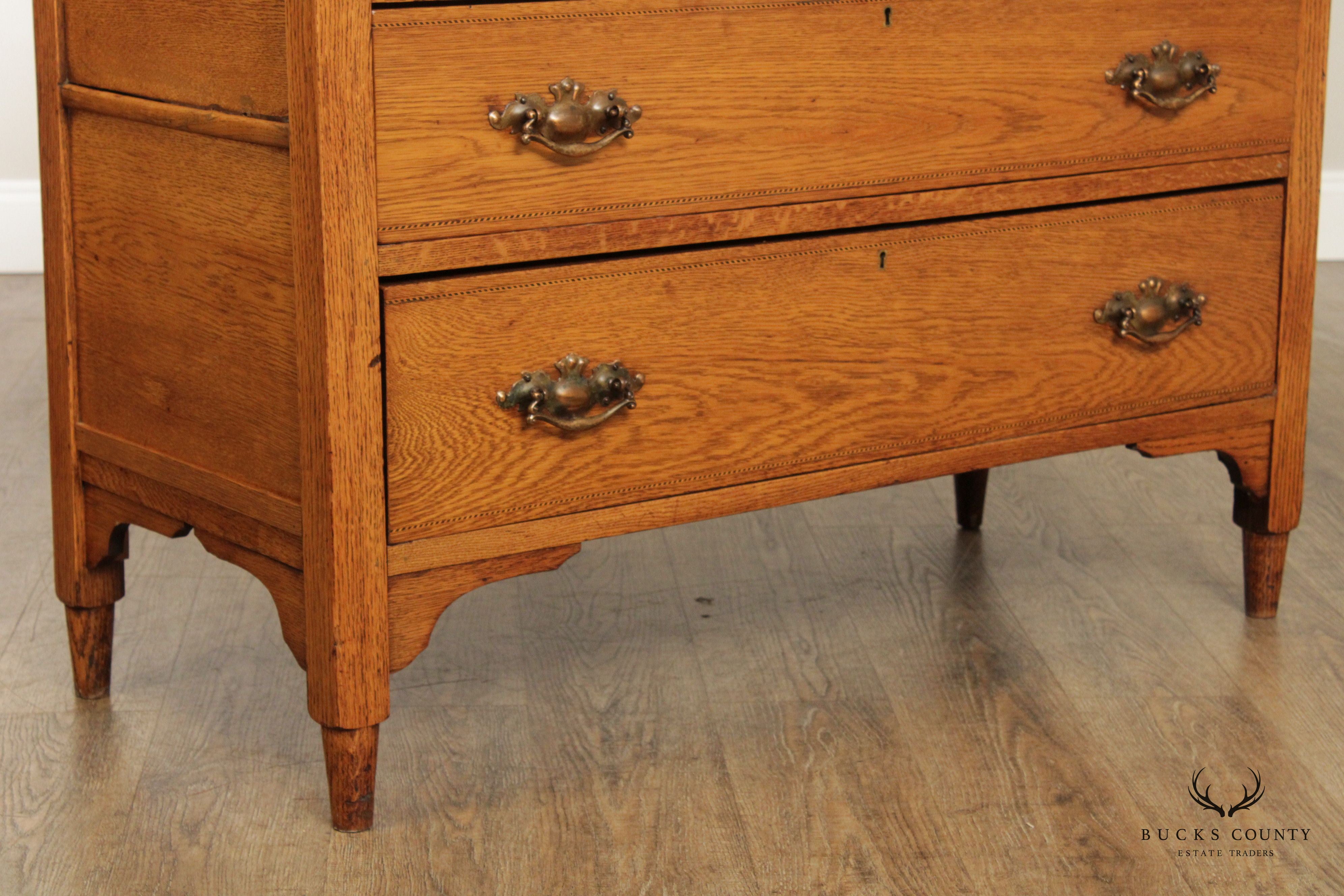 English Arts & Crafts Antique Oak Chest of Drawers with Mirror