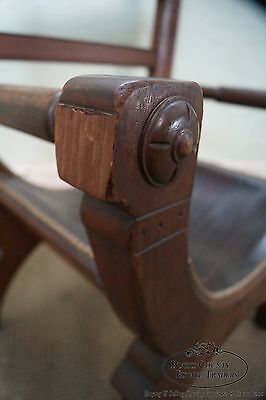 Unusual Antique Aesthetic Walnut Leather Seat X Frame Arm Chair