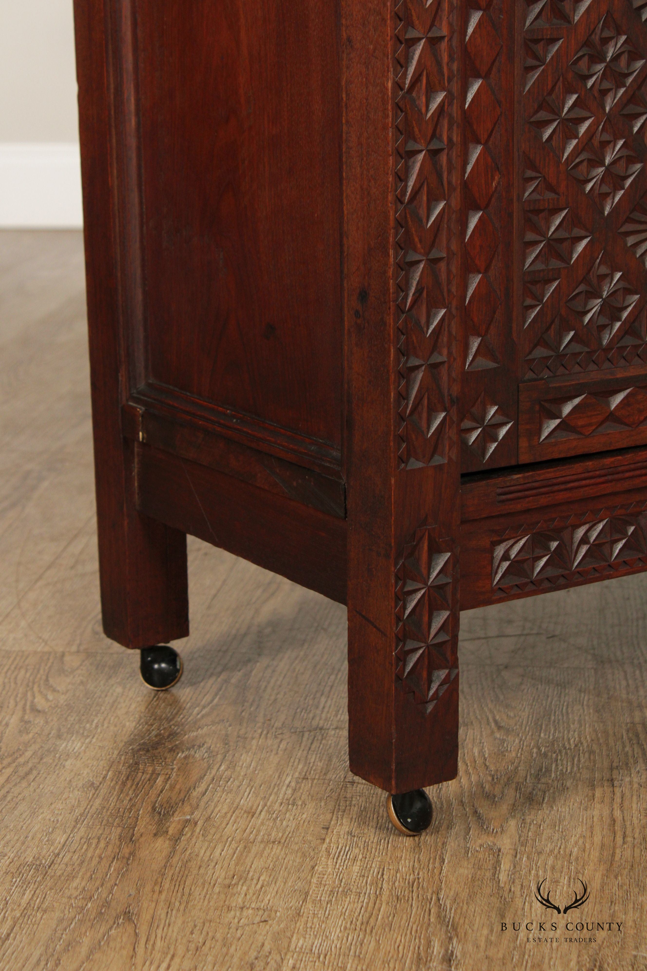 Vintage Moroccan Carved Hard Wood Two-Piece Server Cabinet