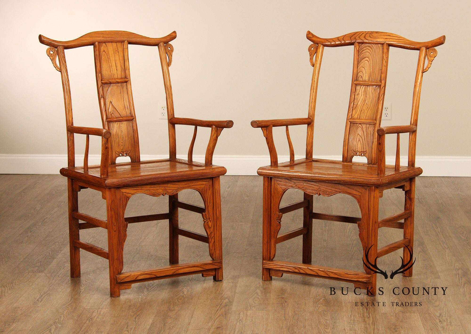 Asian Vintage Pair of Elm Yoke Back Armchairs