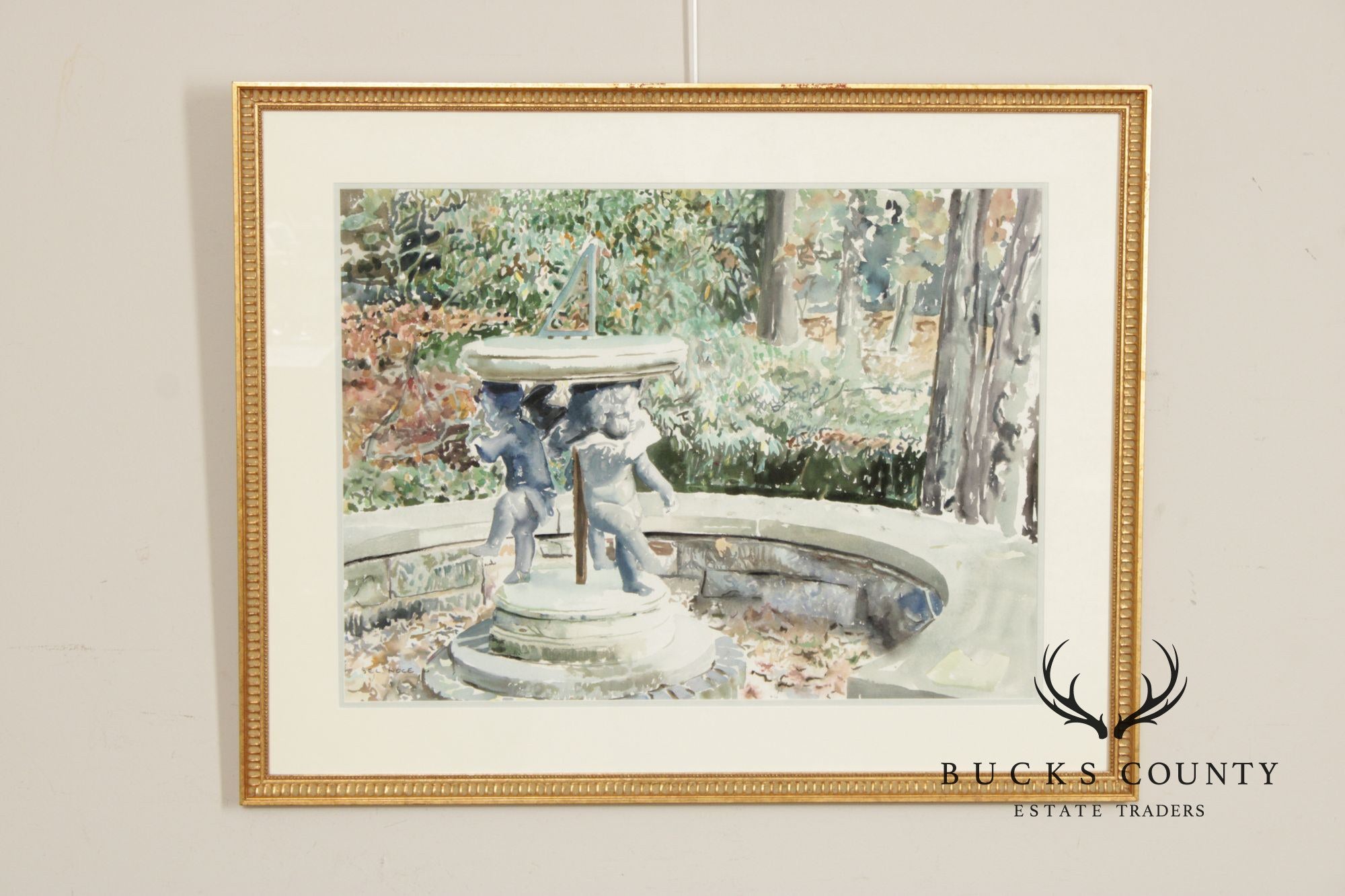 Raimond Del Noce Watercolor, Garden Fountain