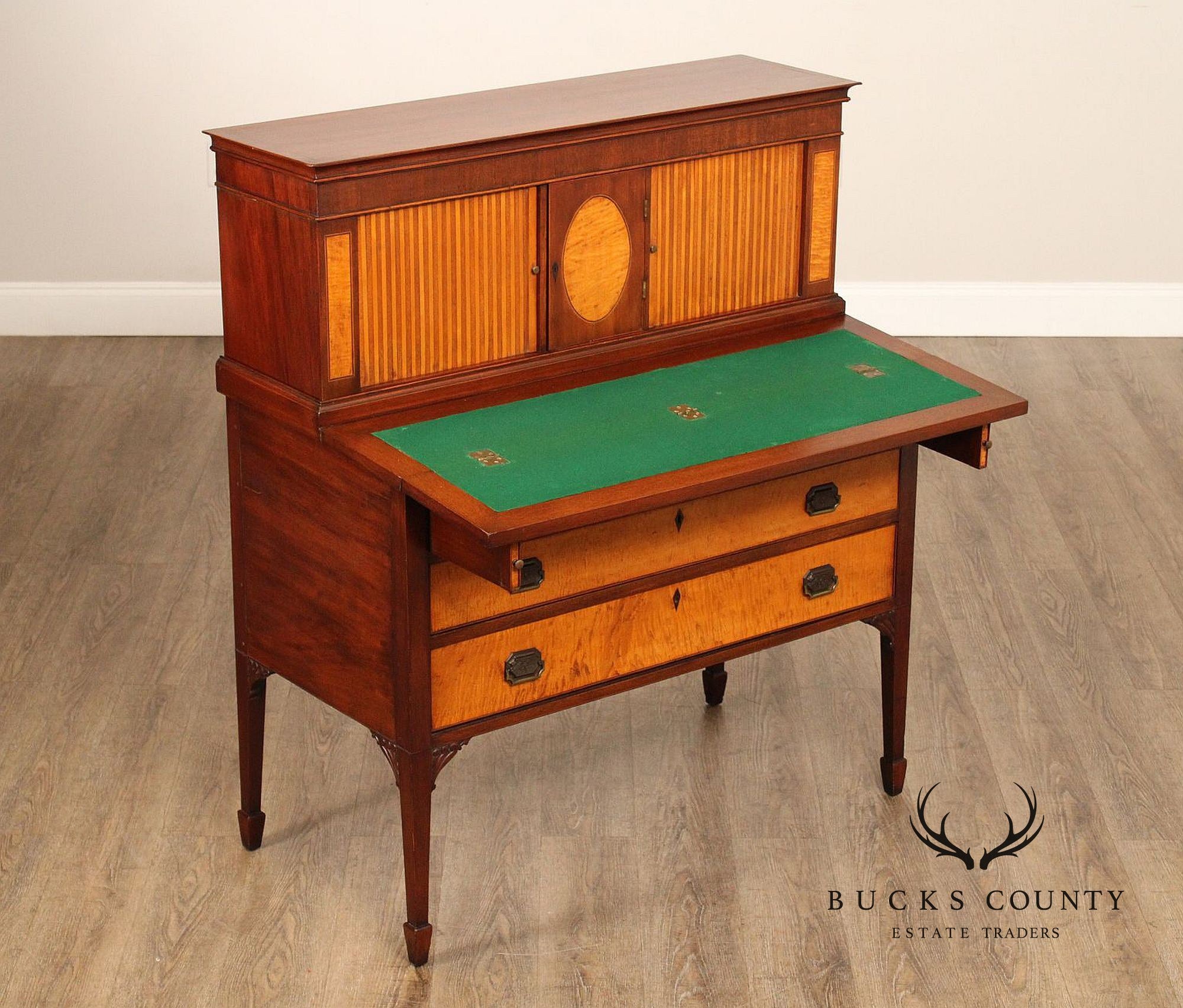 Federal Style Inlaid Mahogany And Tiger Maple Tambour Door Writing Desk