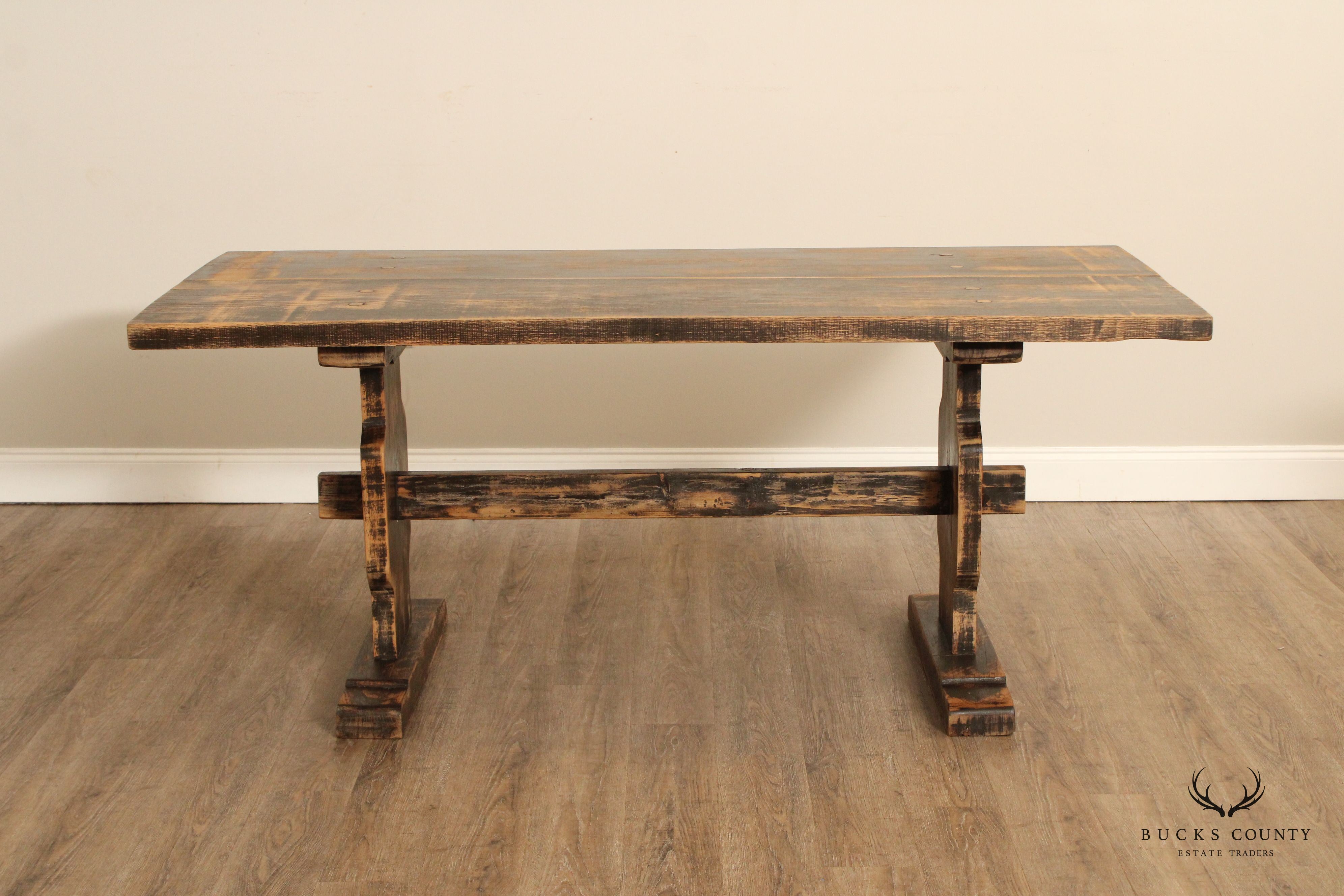 Custom Crafted Farmhouse Aged and Distressed Oak Trestle Dining Table