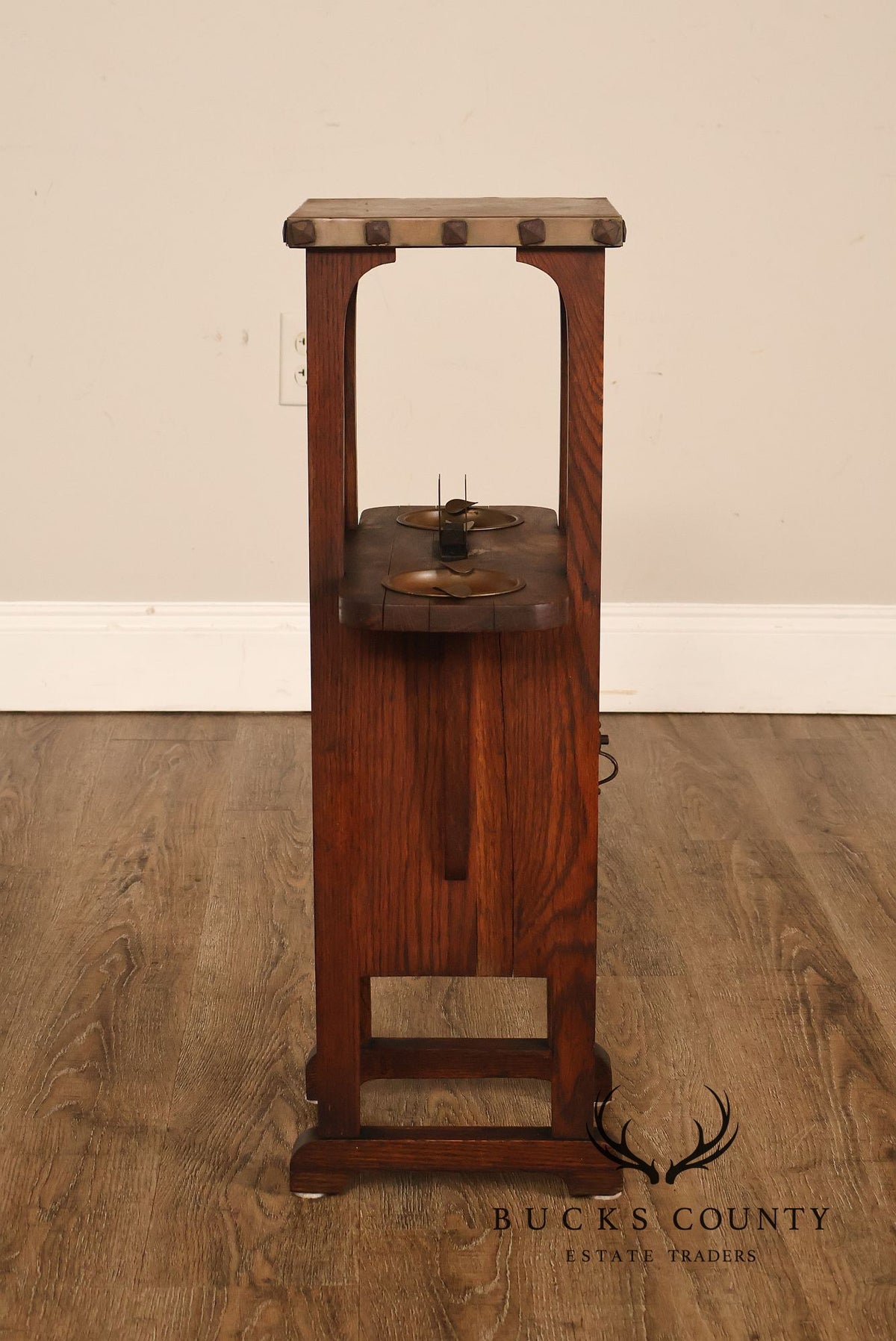 Antique Mission Arts And Crafts Oak Smoking Stand With Copper Ashtrays