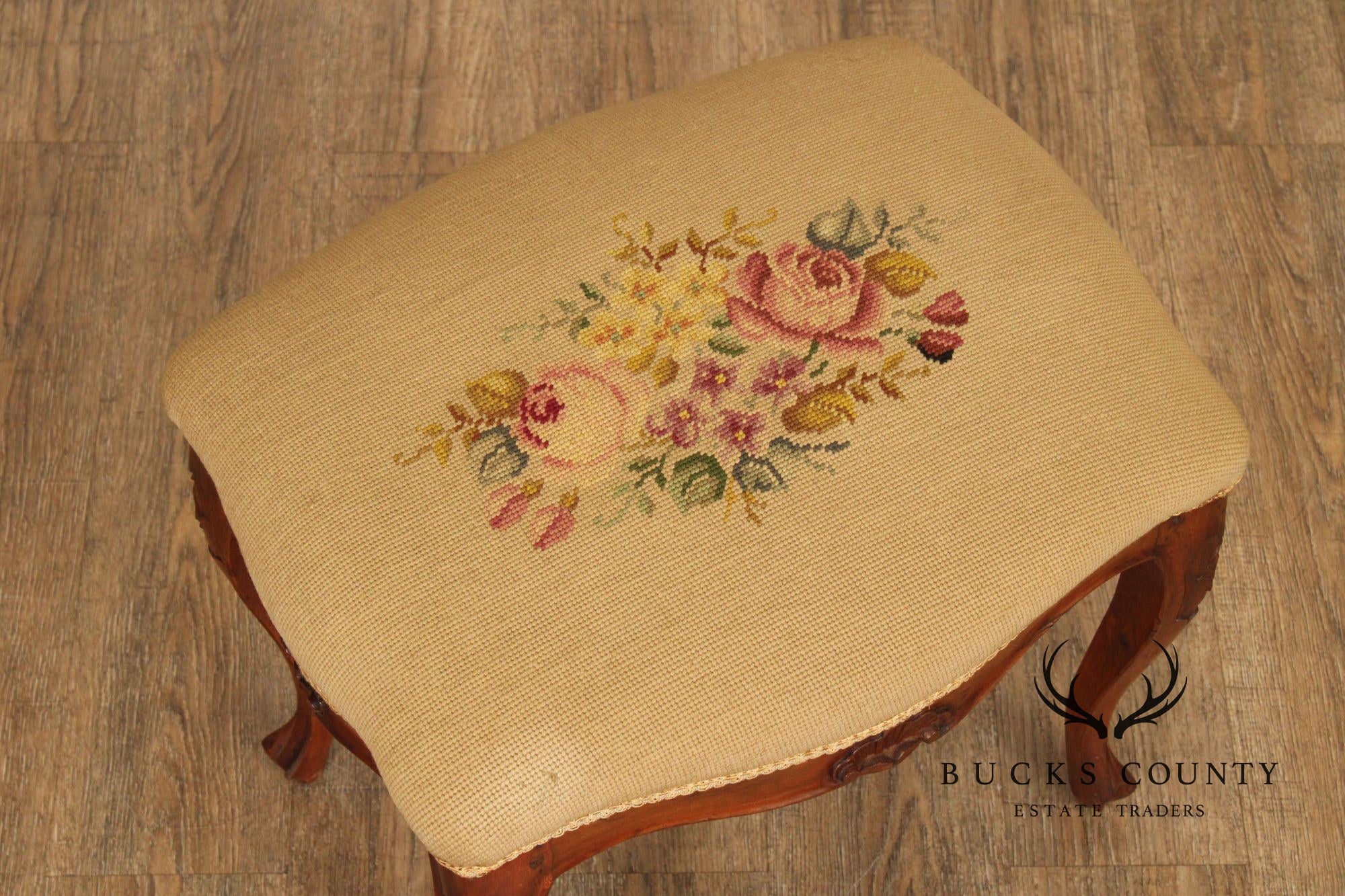 French Louis XV Style Antique Walnut Needlepoint Footstool